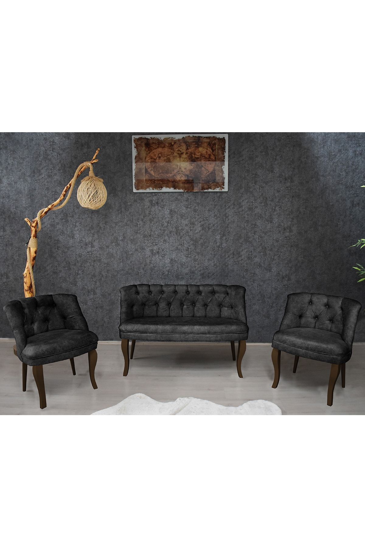 VIANEM Kolsuz Çay Seti 2+1+1 Balkon Ofis Cafe Bahçe Koltuk Takımı | Kahve Ahşap Ayak Füme