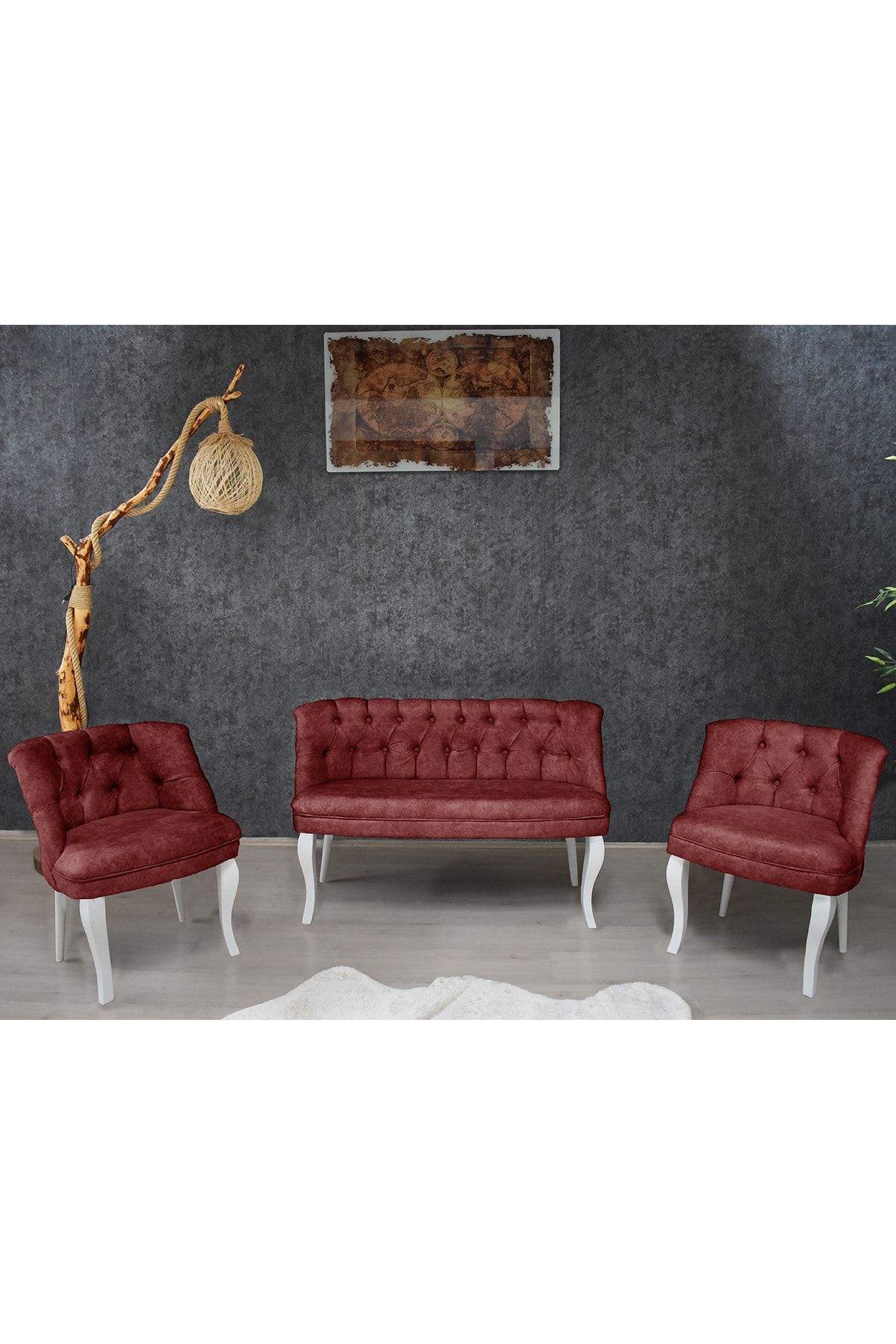 VIANEM Kolsuz Çay Seti 2+1+1 Balkon Ofis Cafe Bahçe Koltuk Takımı | Beyaz Ahşap Ayak Bordo