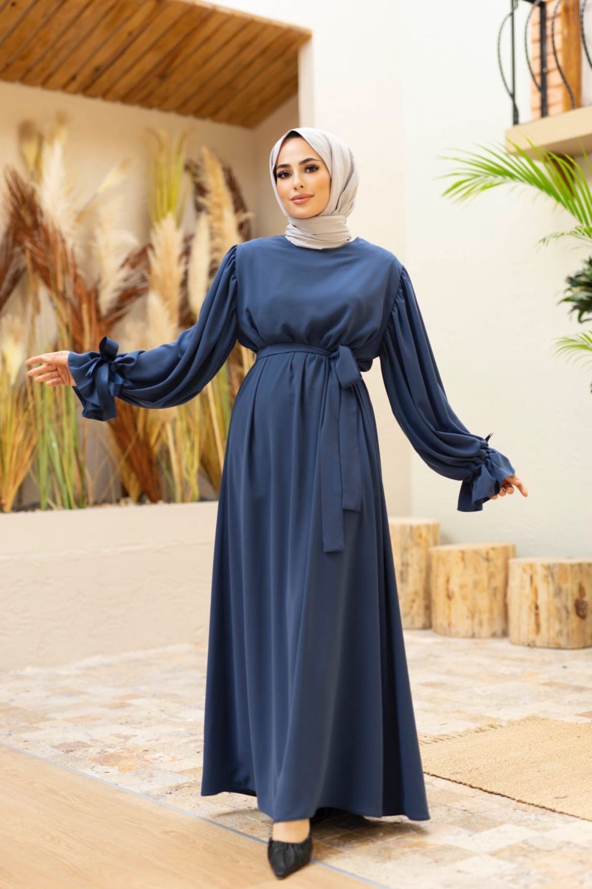 Berel Moda Indigo Kolu Fiyonklu Tesettür Elbise