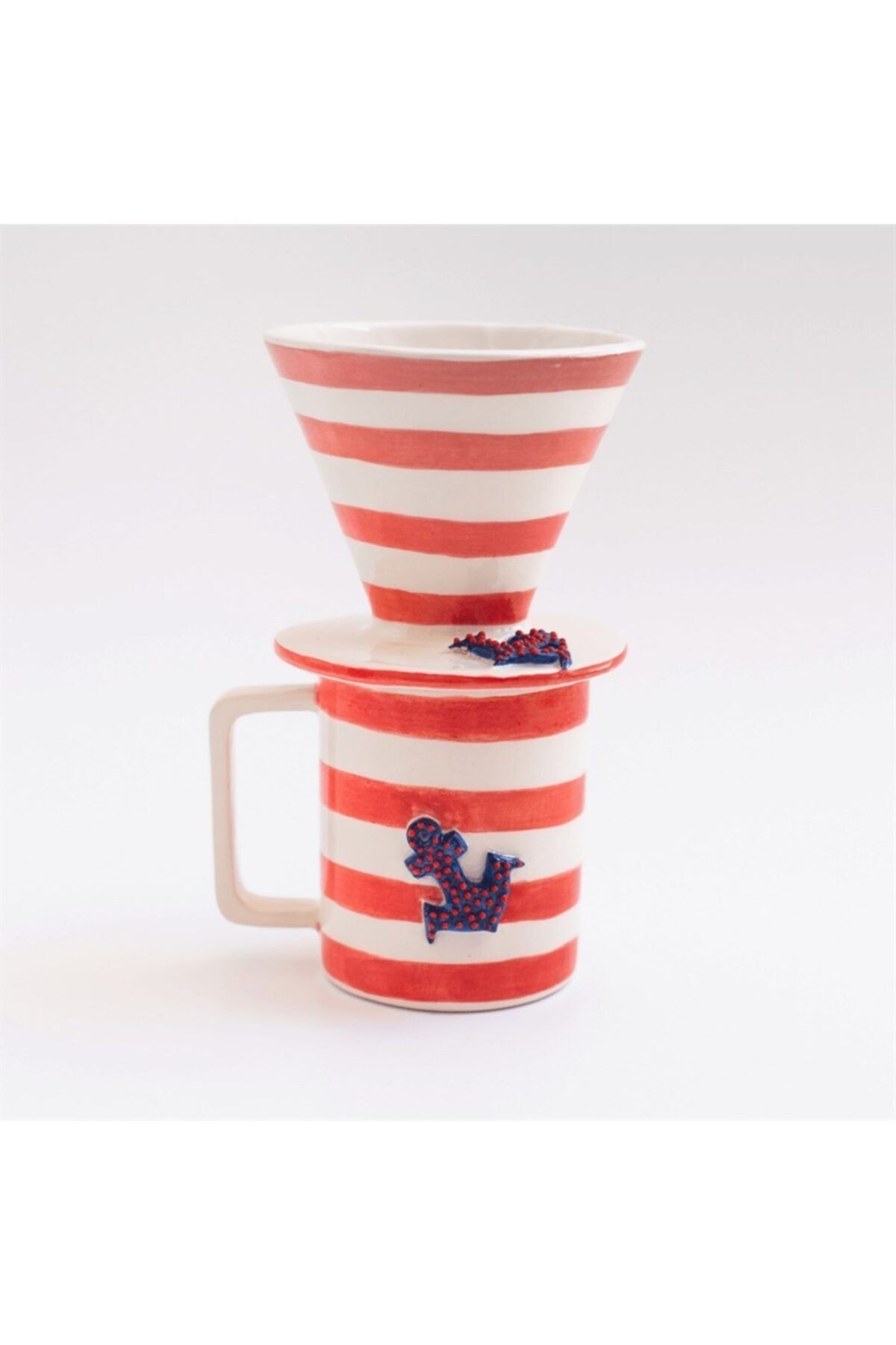 WUGU DESIGN & STUDIO Seramik V60 Dripper Seti - Çizgili Denizci Desenli