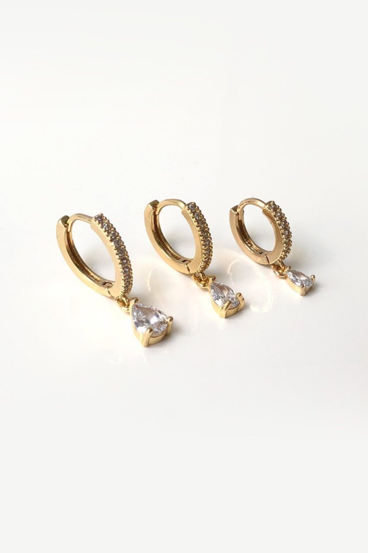 Teen Jewellry Tektaş Damla Zirkon Gold Üçlü Küpe Seti