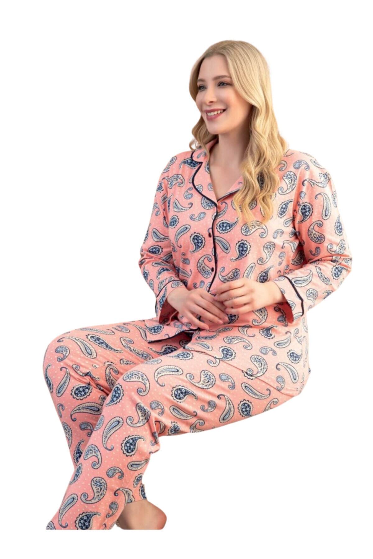 Aria's Closet Büyük Beden Düğmeli Desenli Pijama Takımı