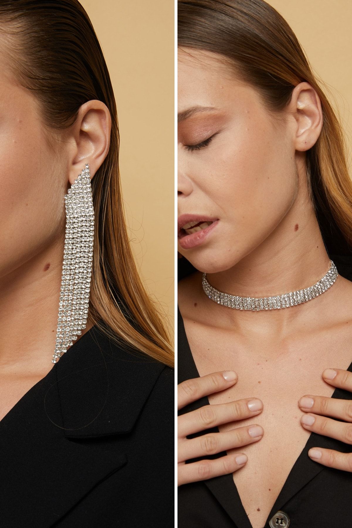 Gunbaz Kadın Taşlı Sallantılı Abiye Küpe Ve Choker Kolye Seti 2li