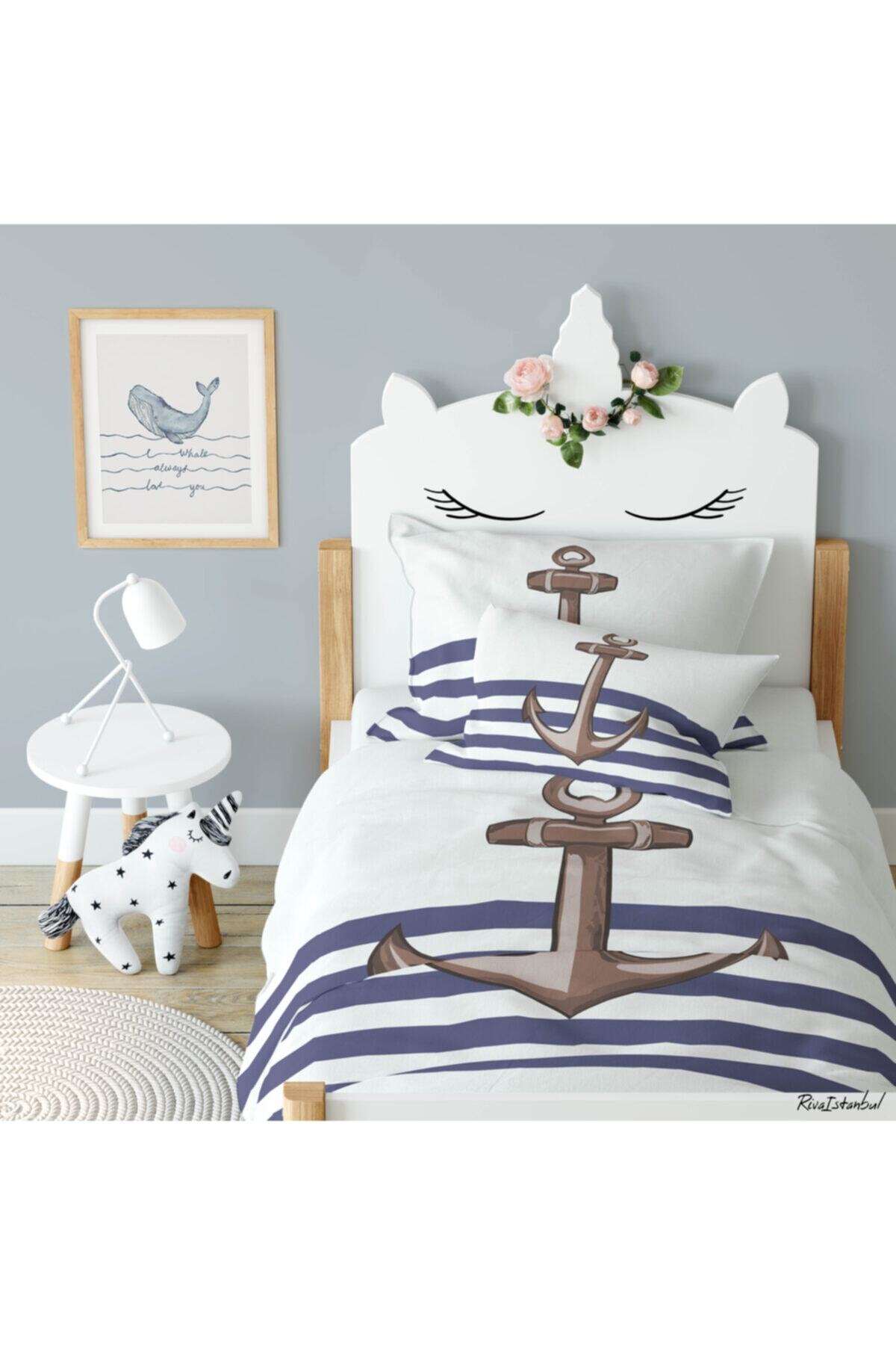 Çekirdek Home Çizgili Çapa Çocuk Nevresim %100 Pamuk Saten