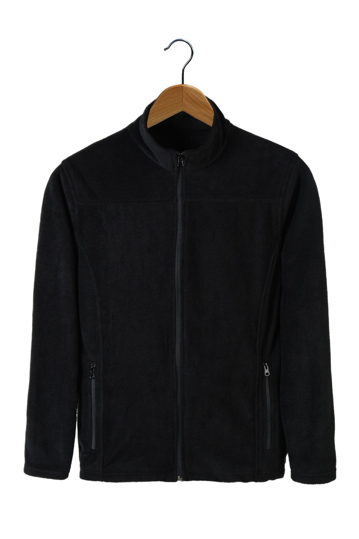 VEAVEN Kadın Siyah Bato Yaka Tam Fermuarlı Çift Cepli Polar Sweatshirt