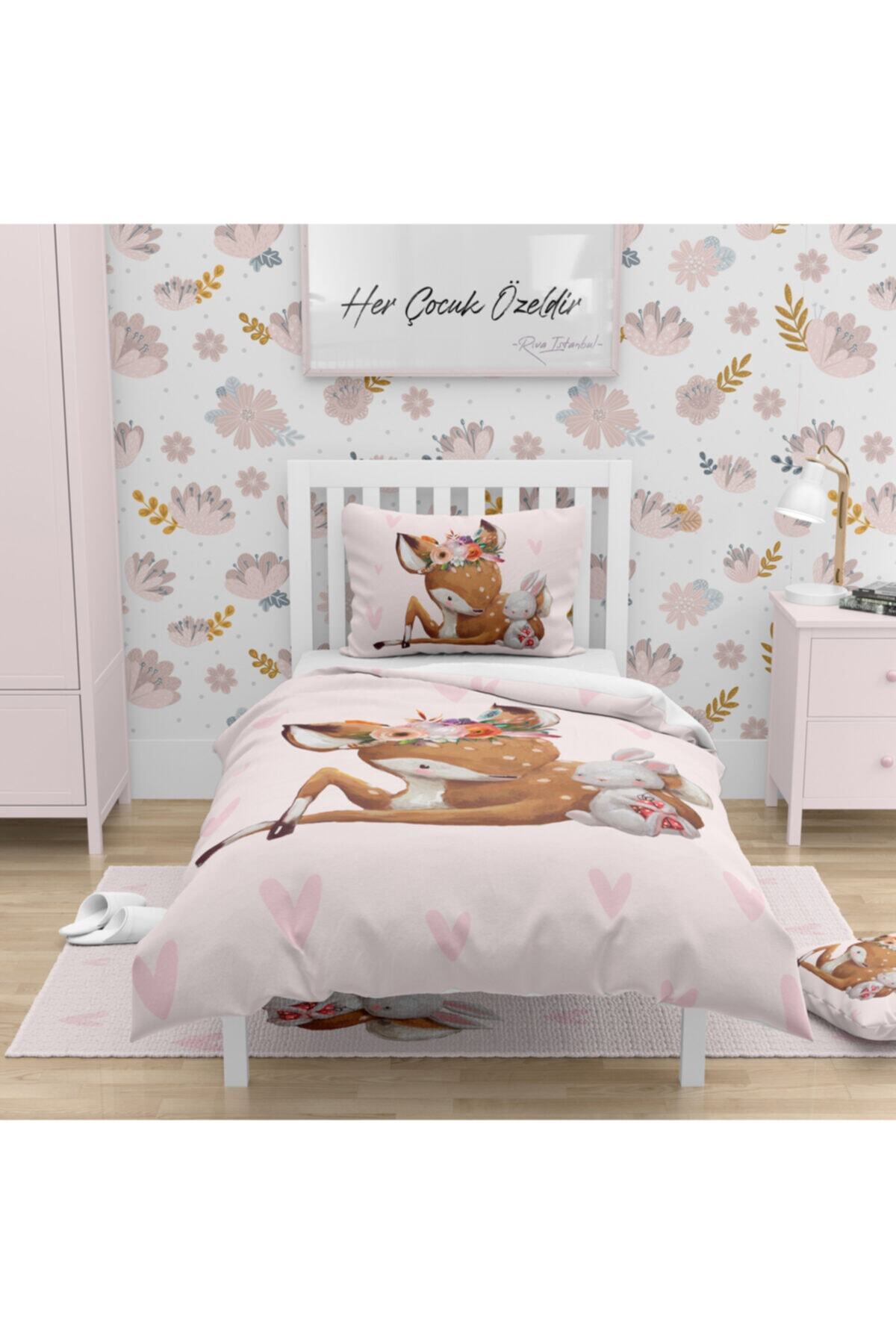 Çekirdek Home Kalpli Bambi Çocuk Nevresim Takımı  Pamuk Saten