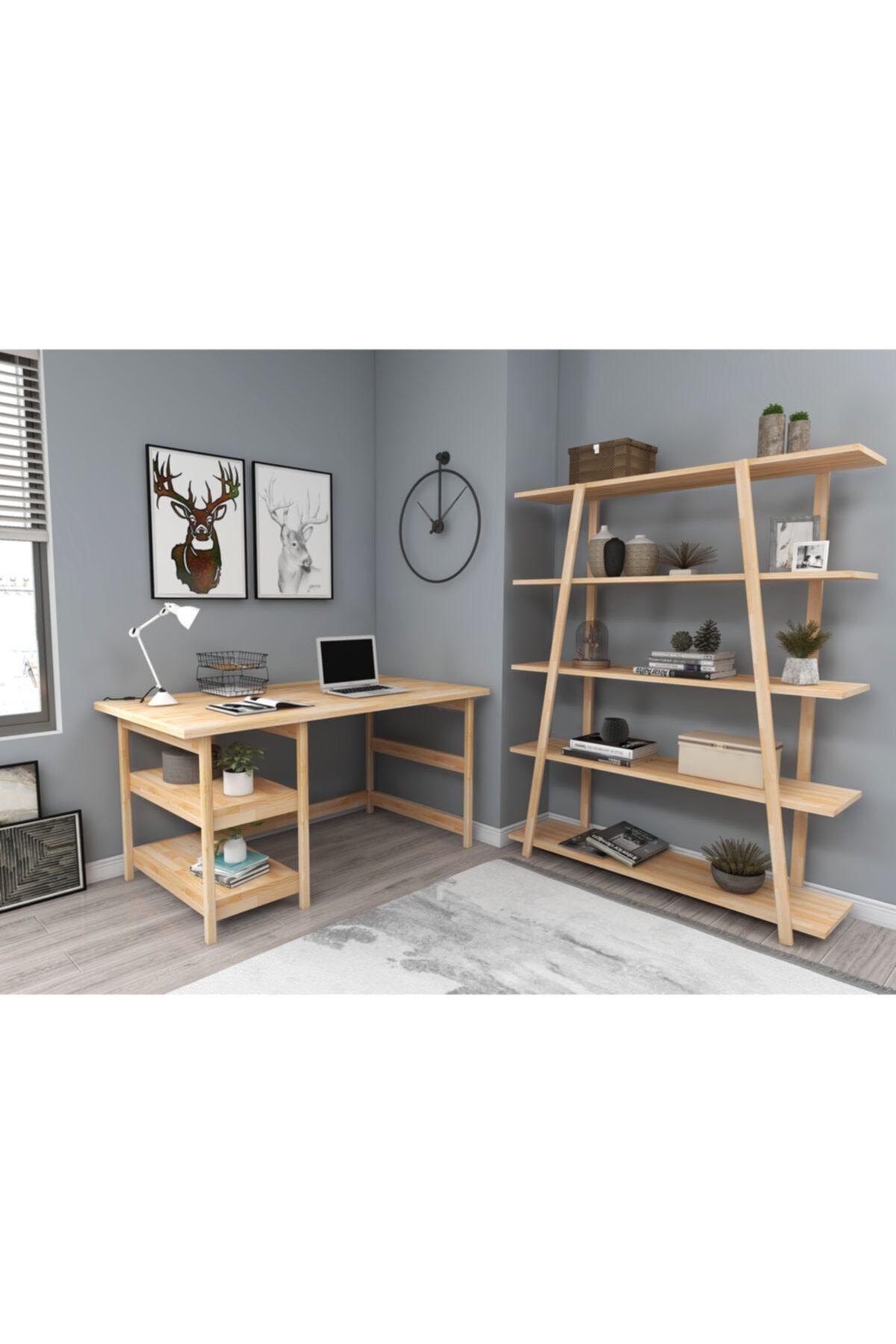 ARNETTİ Softcity Çalışma Masası Ve Kiptaplık Doğal Ahşap 5 Raflı Dekoratif Kolay Kurulum