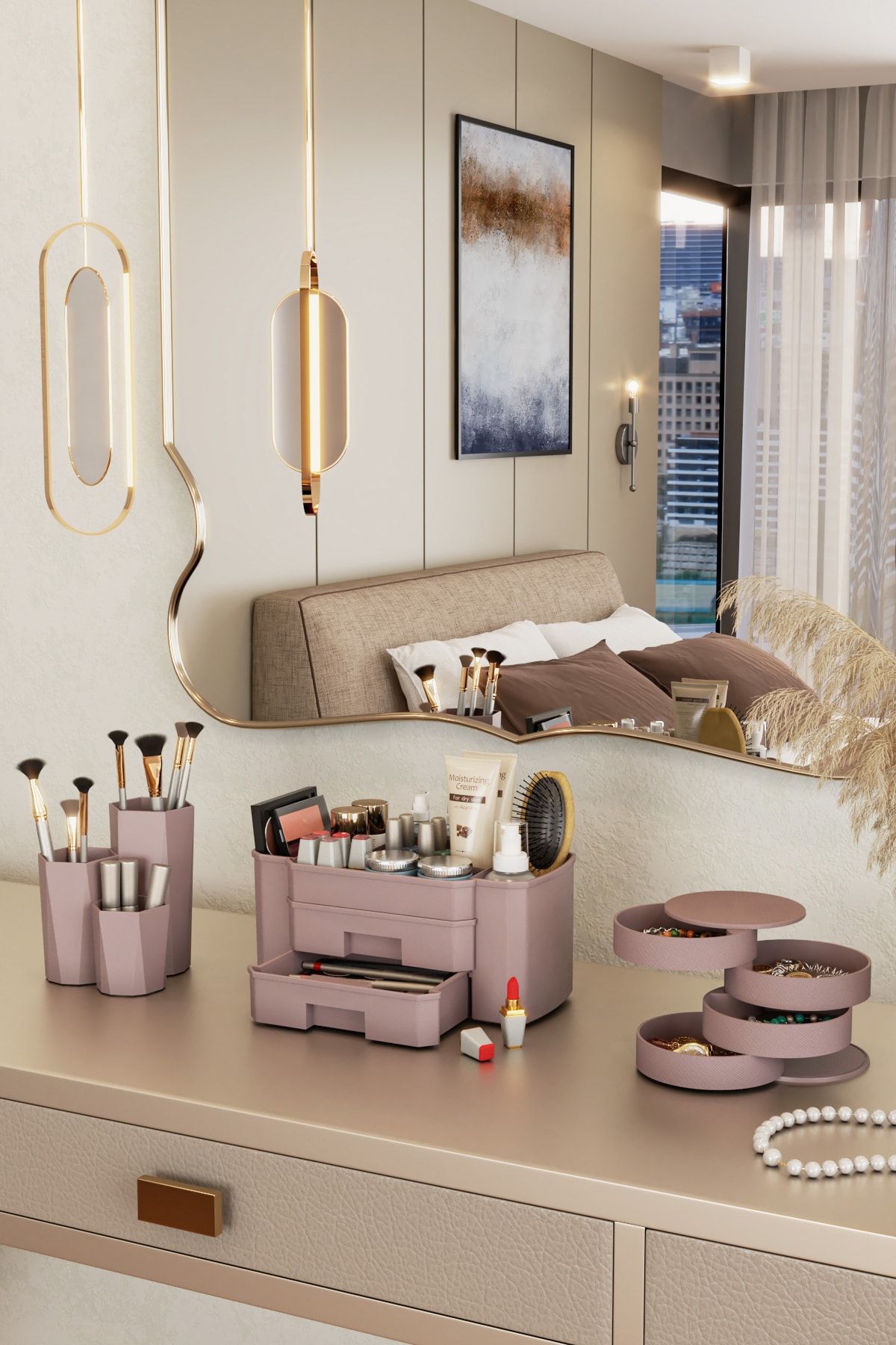 PUFWİN Lotus Kozmetik Makyaj Takı Düzenleme Kutusu Organizer Set