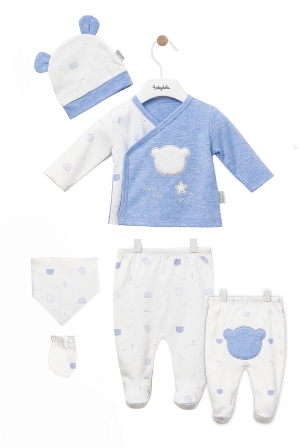 Babydola Yenidoğan Erkek Bebek Ayıcık Desenli 5 Parça Hastane Çıkışı Zıbın Set