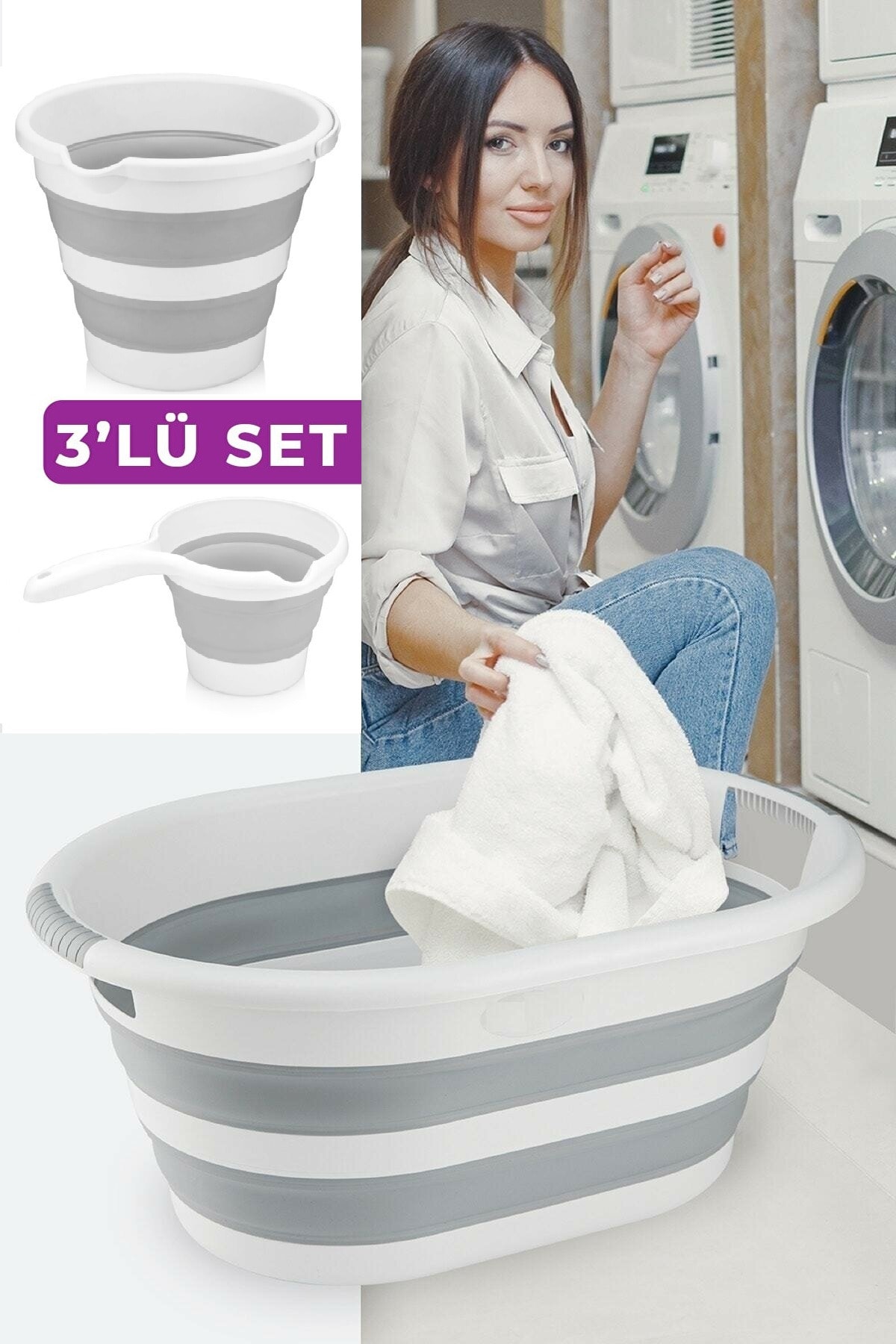 intekhome Pratik Katlanır Çamaşır Sepeti Kova Ve Maşrapa Seti Gri 3'lü Set