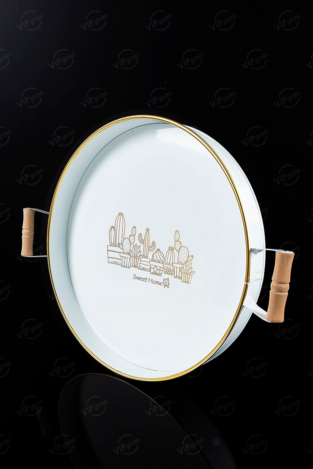 vipgross Beyaz Kaktüs Baskılı Ahşap Saplı Tepsi 37 Cm Lvn-12720