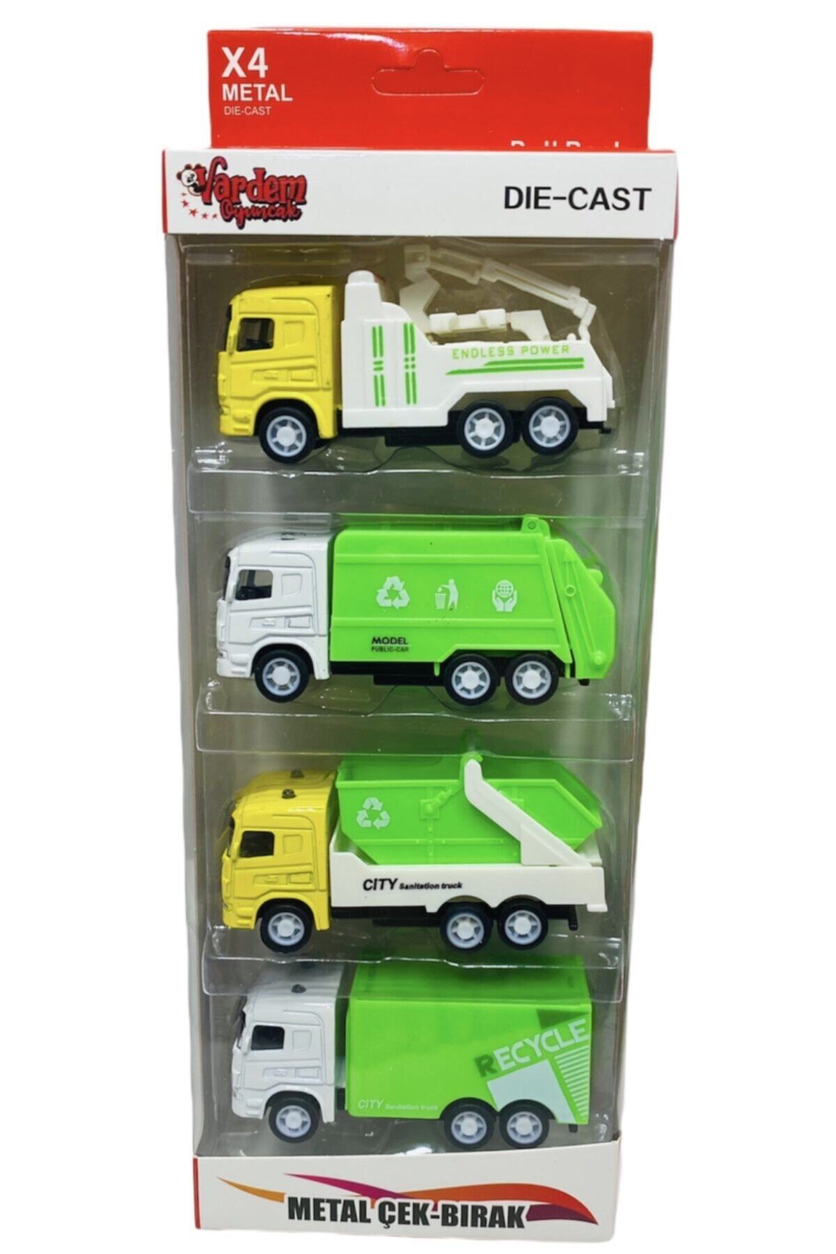 toysandmore Çöp Kamyonu Konteyner Çekici Oyuncak Metal 4 Lü Set