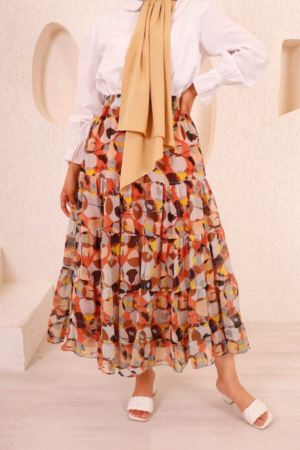 Bestenur Sarmaşık Desen Şifon Etek - Kiremit