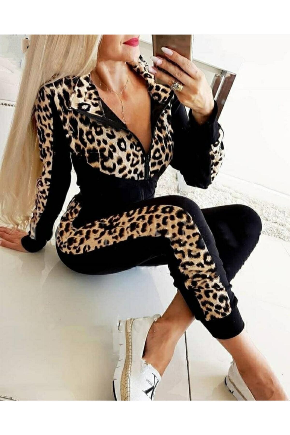 Arya Moda Leopar Desen Detaylı Fermuarlı Ikili Takım