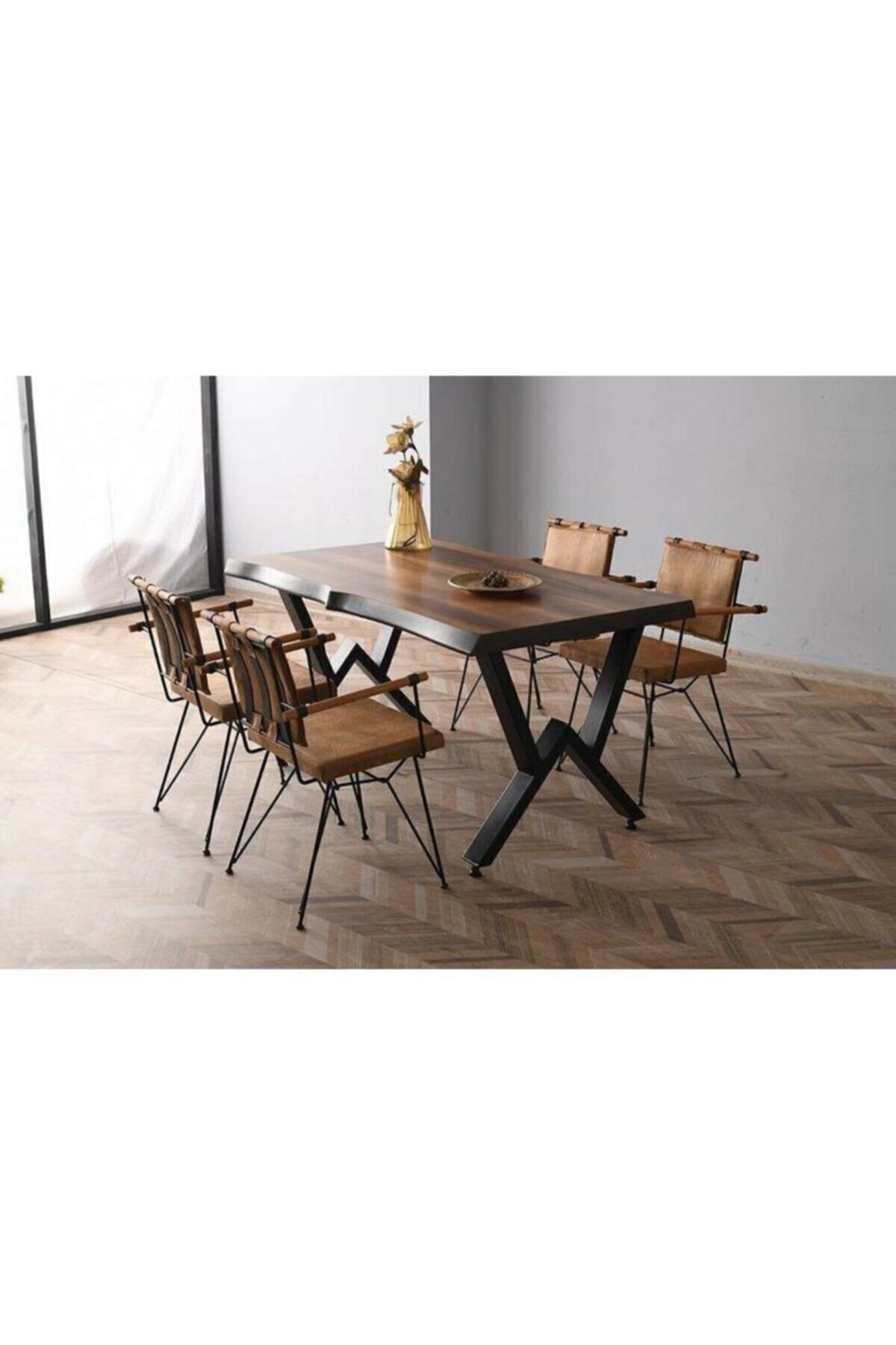 The BEST Shopping 160x90 Ahşap Kütük Masa Metal Ayak Ceviz Rengi