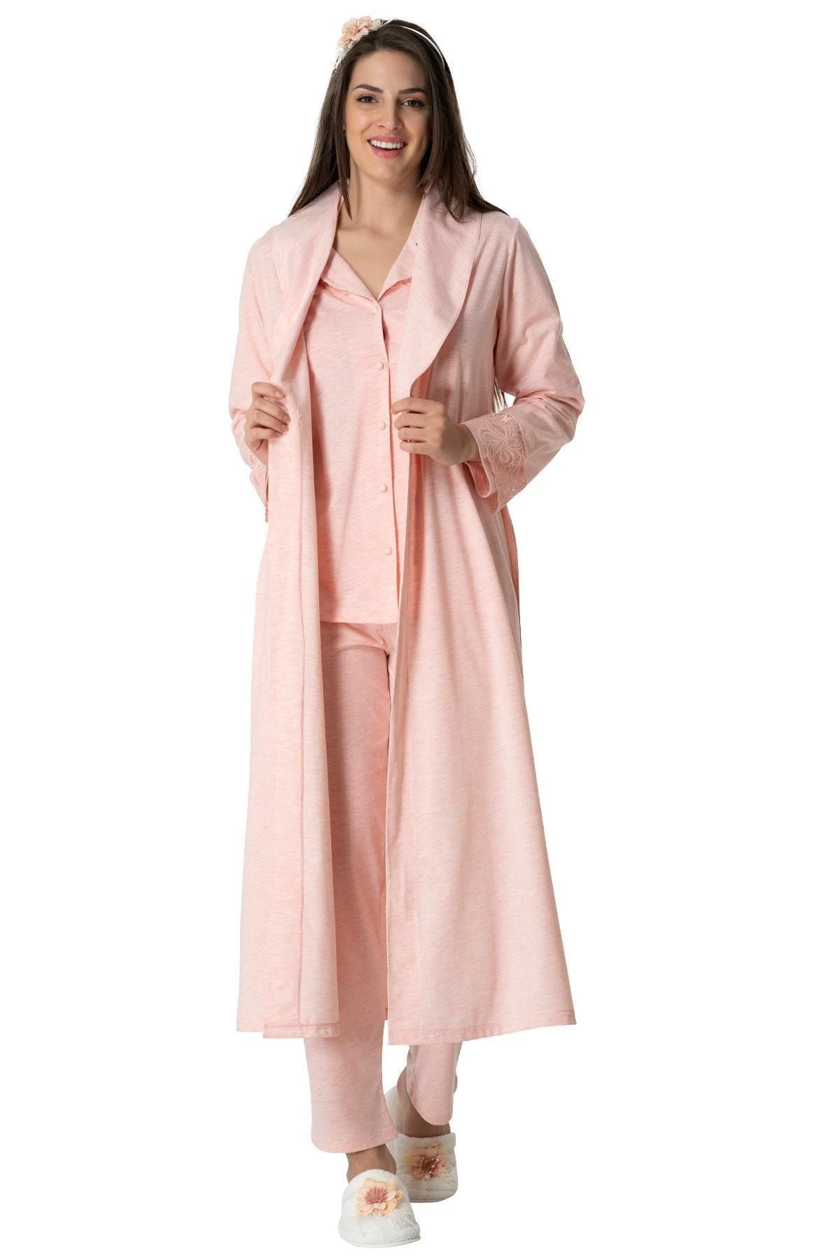 Mecit Pijama Kadın Pudra Uzun Sabahlıklı Lohusa Pijama Takımı
