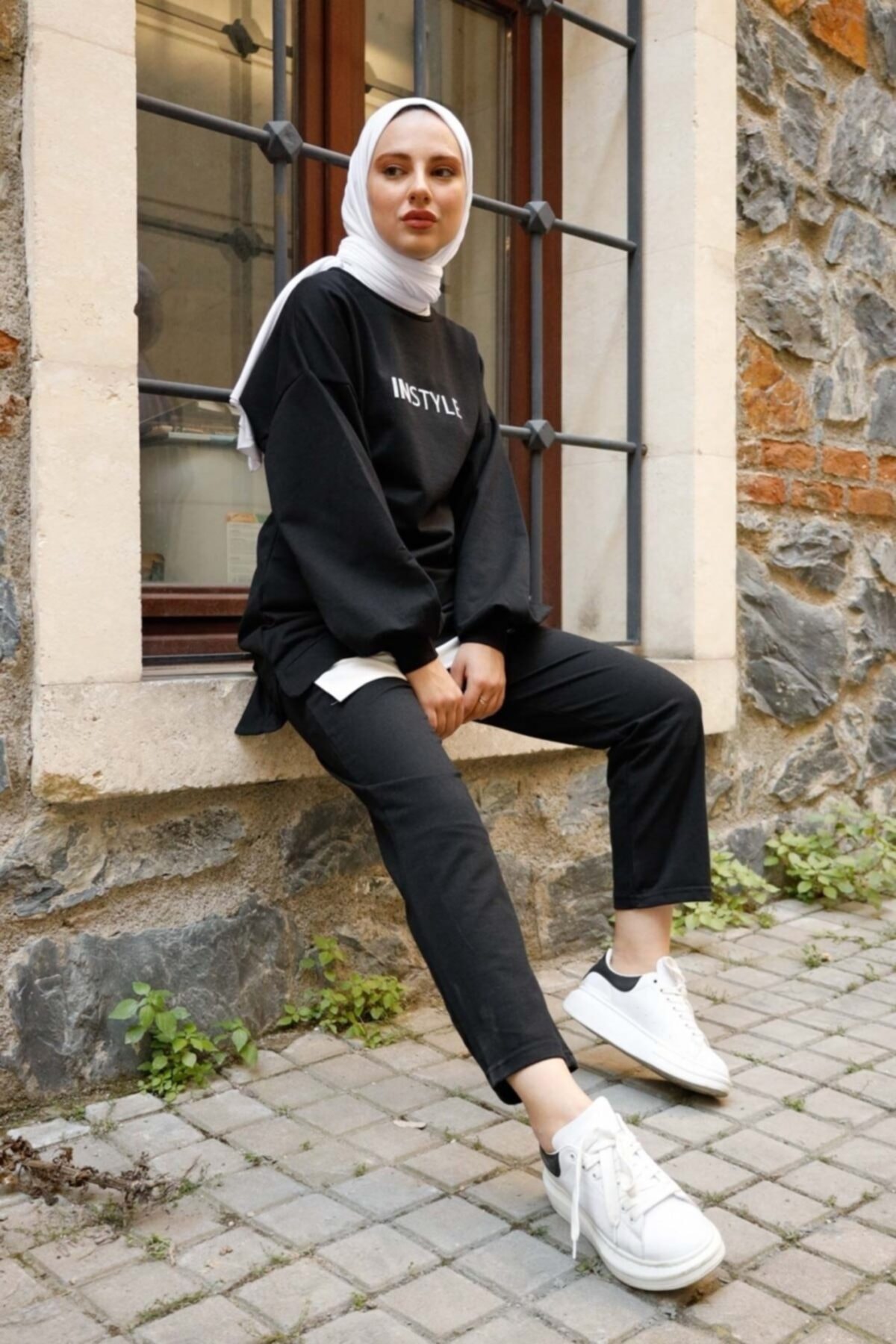 Bestenur Instyle Baskılı Balon Kol Tunik Pantolon Ikili Takım - Siyah
