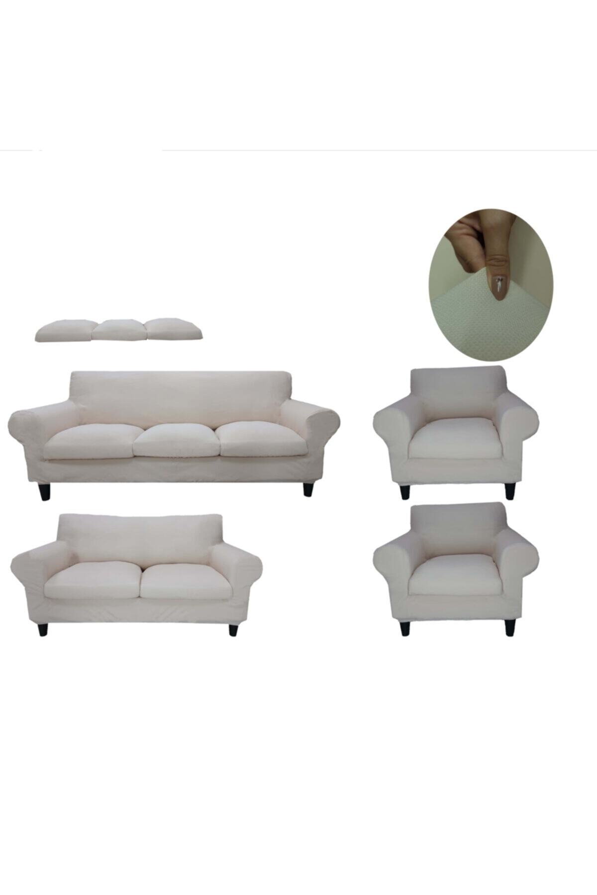 Cdr Home Bal Peteği Kumaş Minderli Koltuk Kılıfı Takımı ( 3+2+1+1 Set ) Krem Rengi