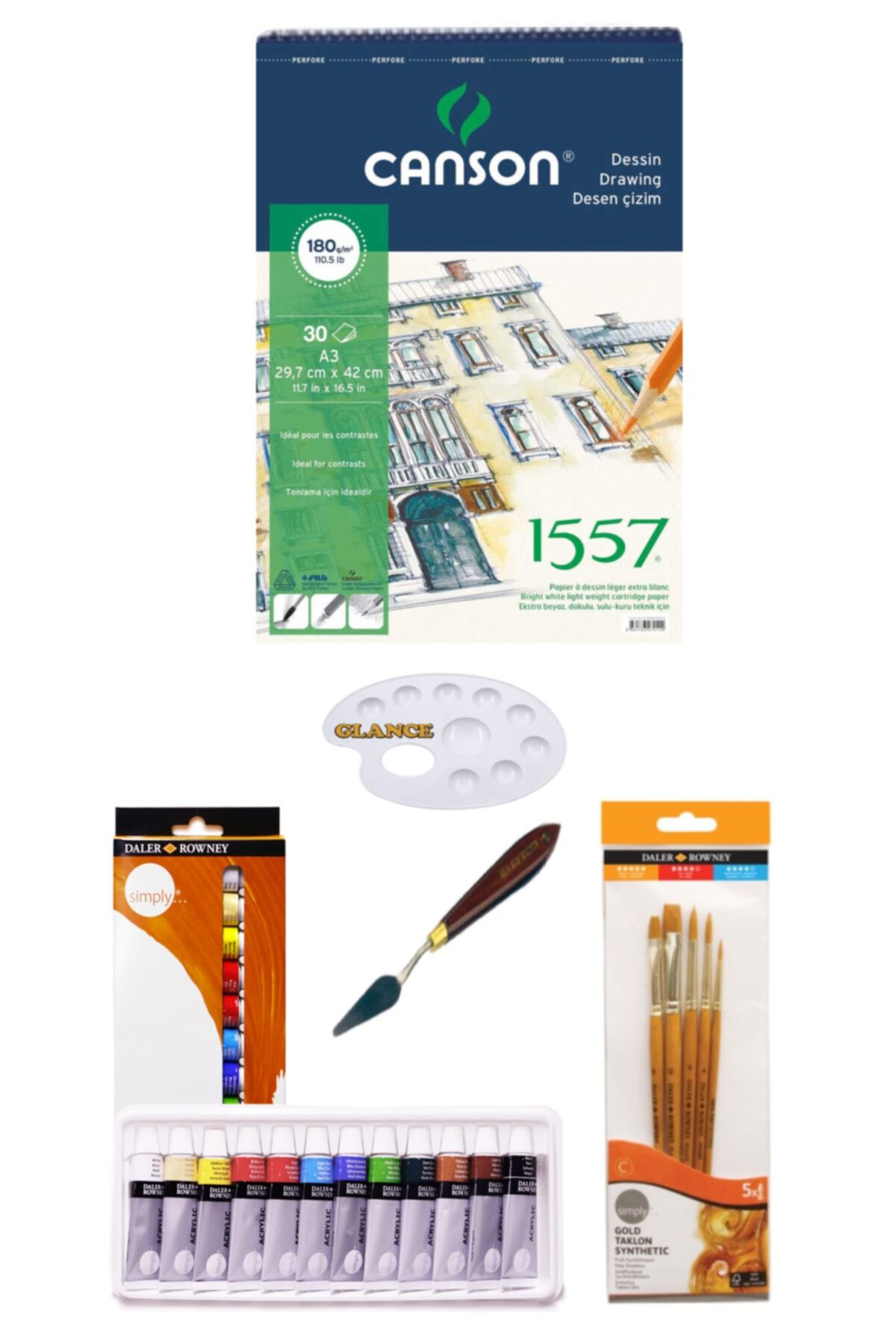 GLANCE Daller Rowney Simply 12x12ml 12 Renk Akrilik Boya Canson Resim Defteri 180 Gr A3 30 Yp Spiralli Set