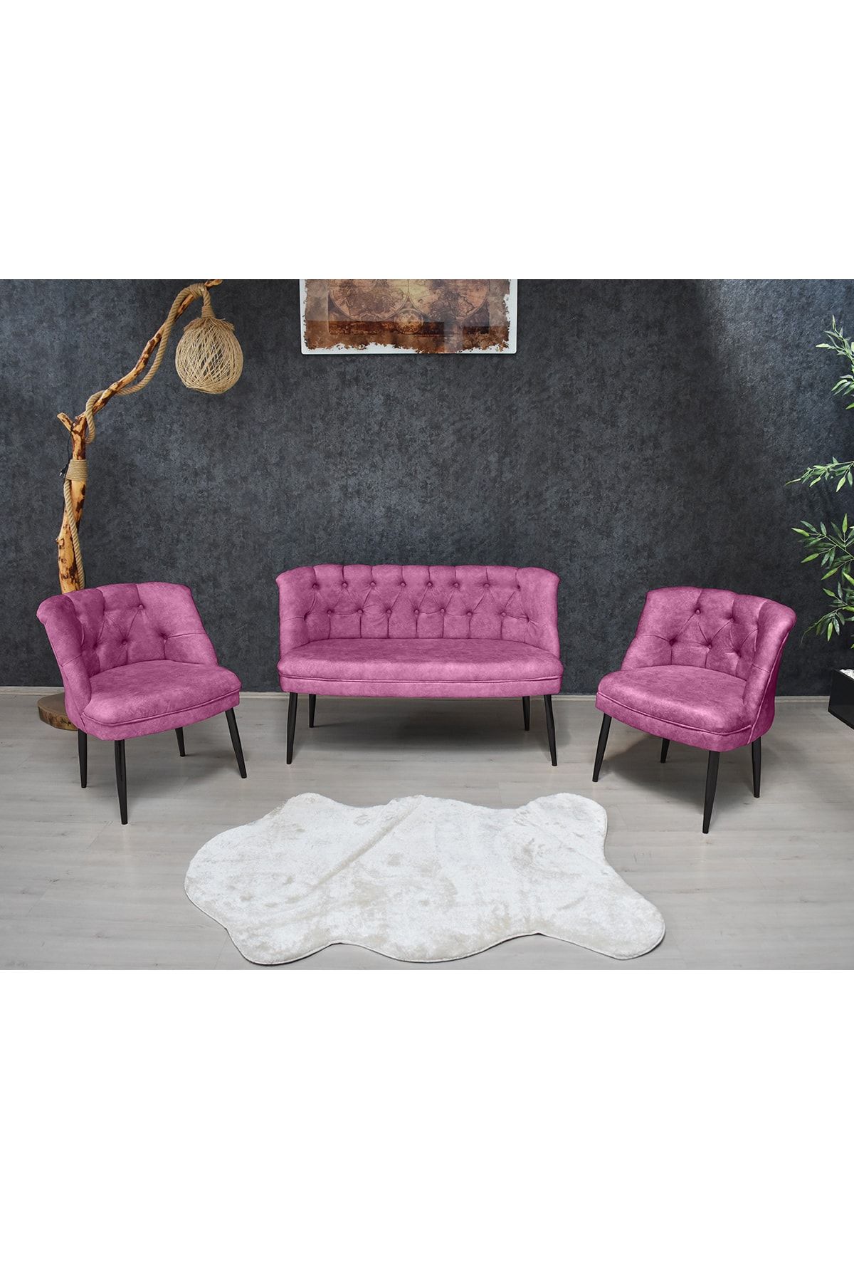 PRATİK DEKOR Kolsuz Çay Seti 2+1+1 Balkon Ofis Cafe Bahçe Koltuk Takımı | Siyah Metal Ayak Pembe