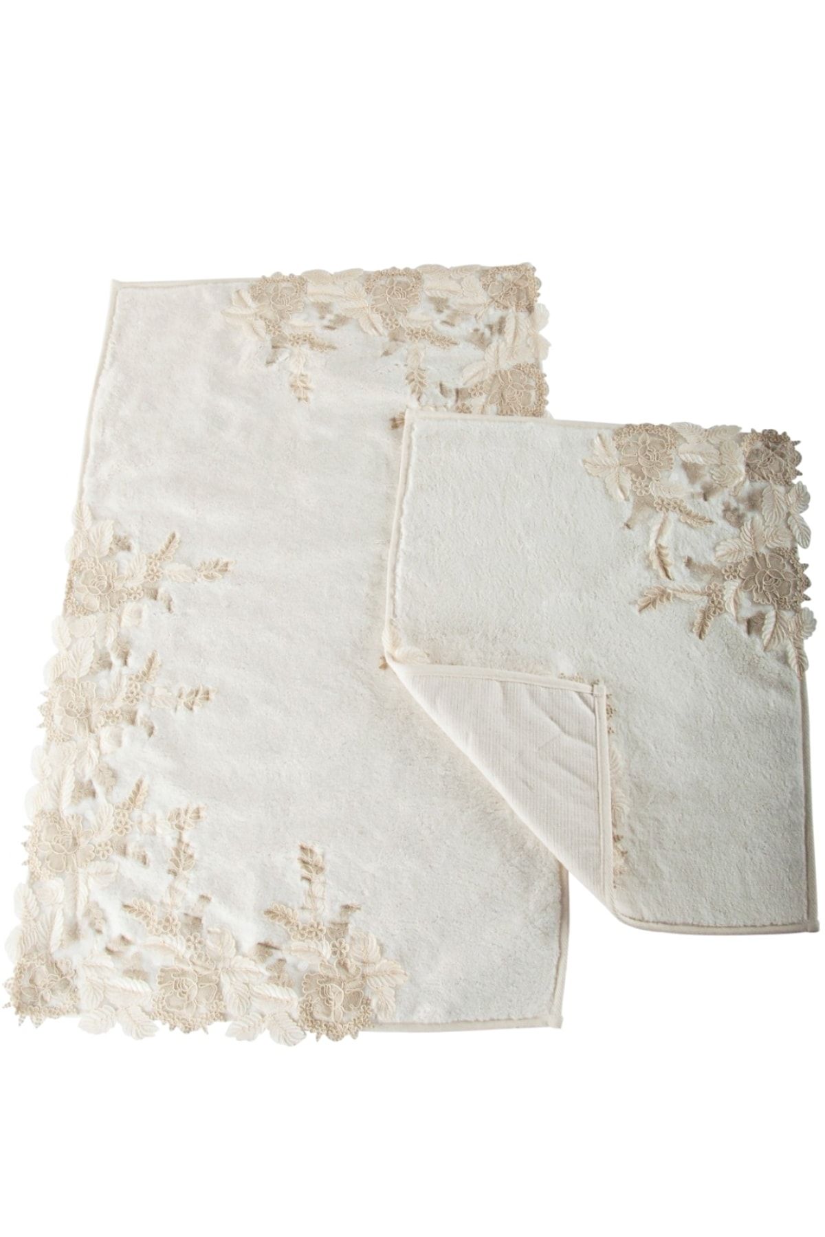 evde yenilik 2li Dantelli Banyo Paspas Takımı 60x100cm Krem Renk