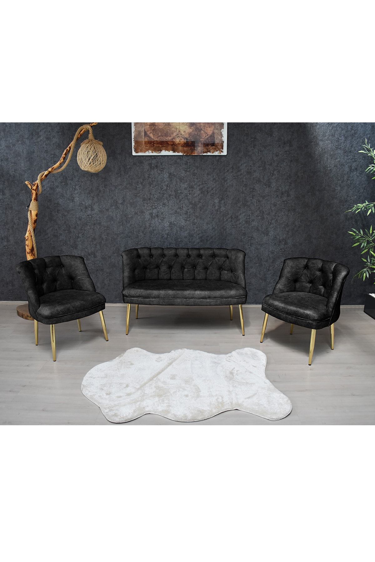 PRATİK DEKOR Kolsuz Çay Seti 2+1+1 Balkon Ofis Cafe Bahçe Koltuk Takımı | Gold Metal Ayak Siyah