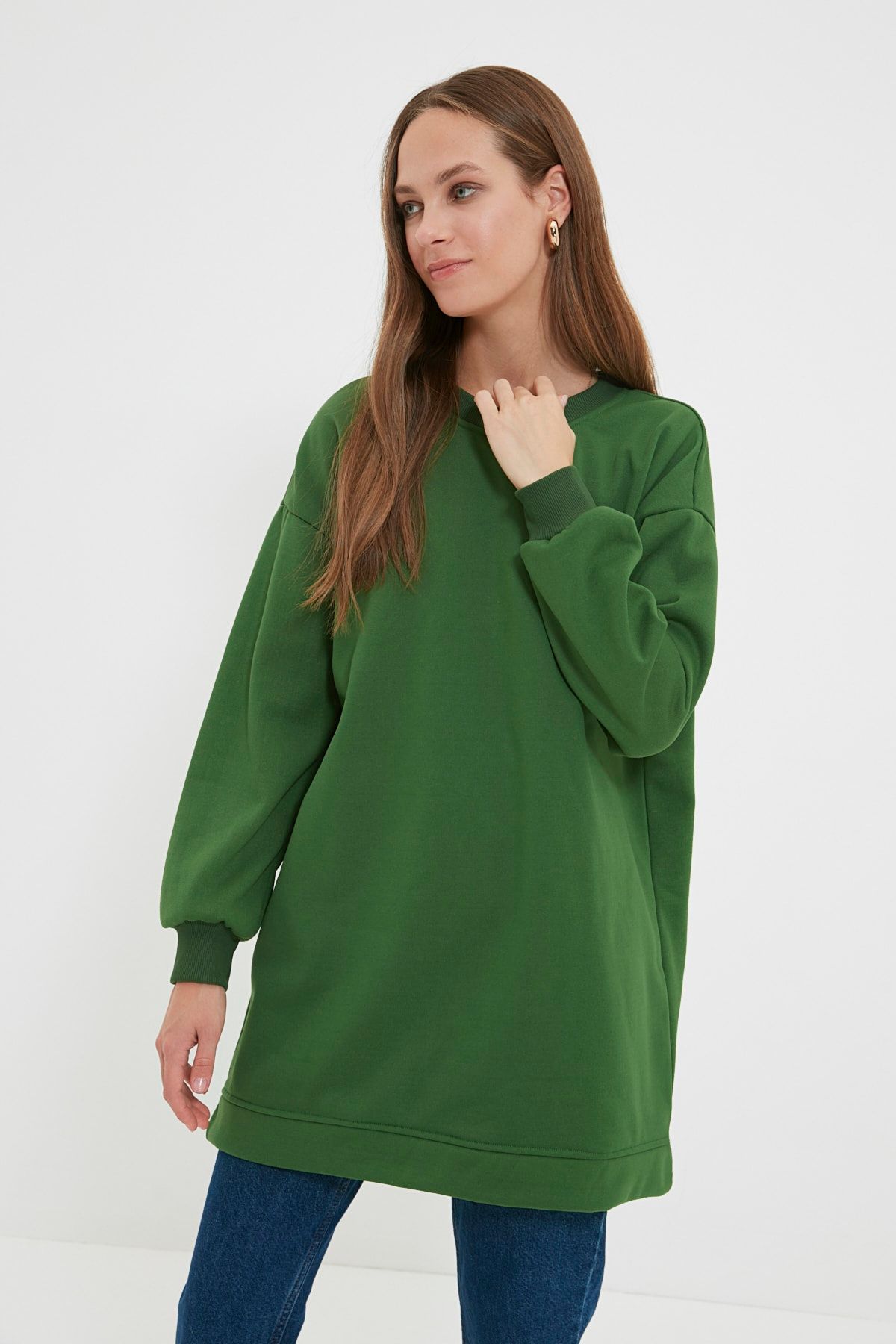 Trendyol Modest Yeşil Bisiklet Yaka Basic İçi Peluşlu Örme Sweatshirt TCTAW22TW0142
