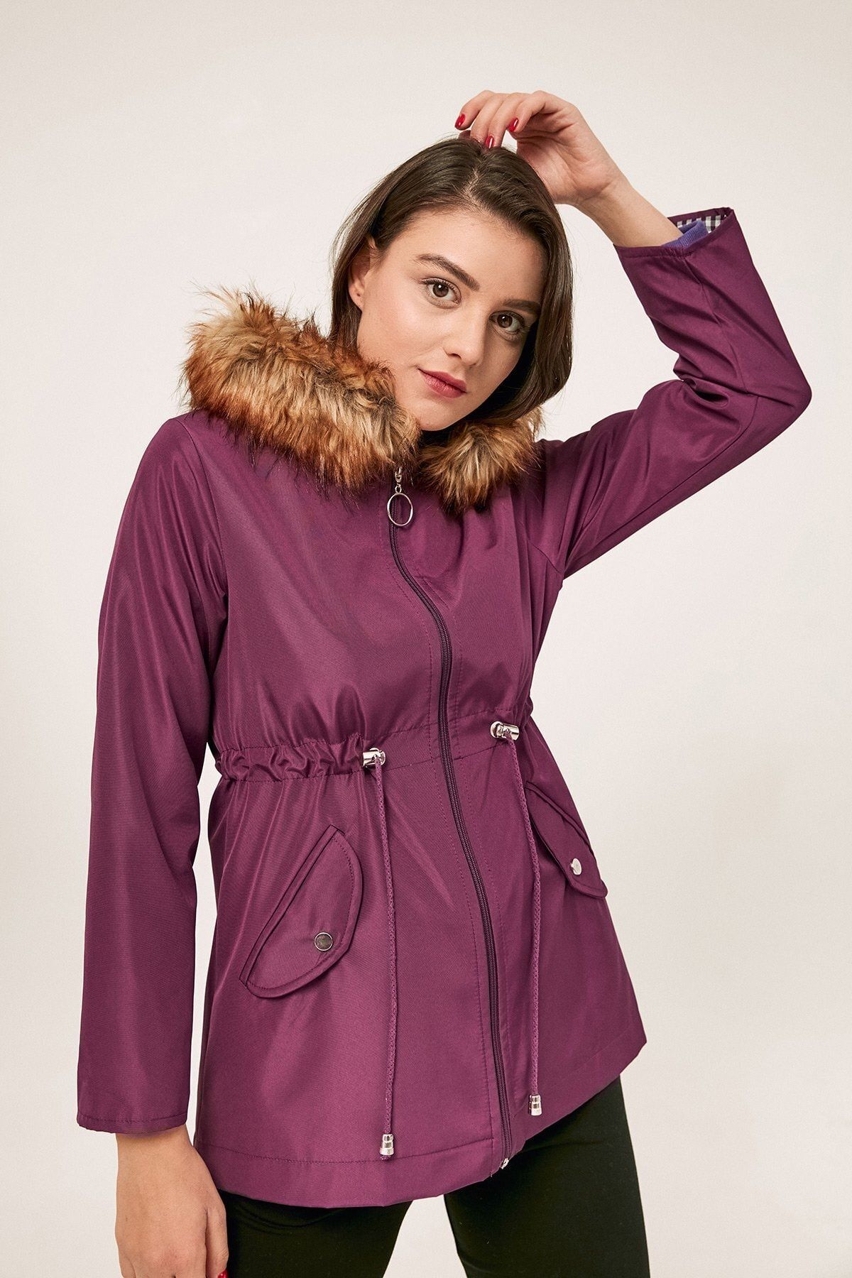 Fulla Moda Ekose Detaylı Beli Ipli Kapüşonlu Trençkot