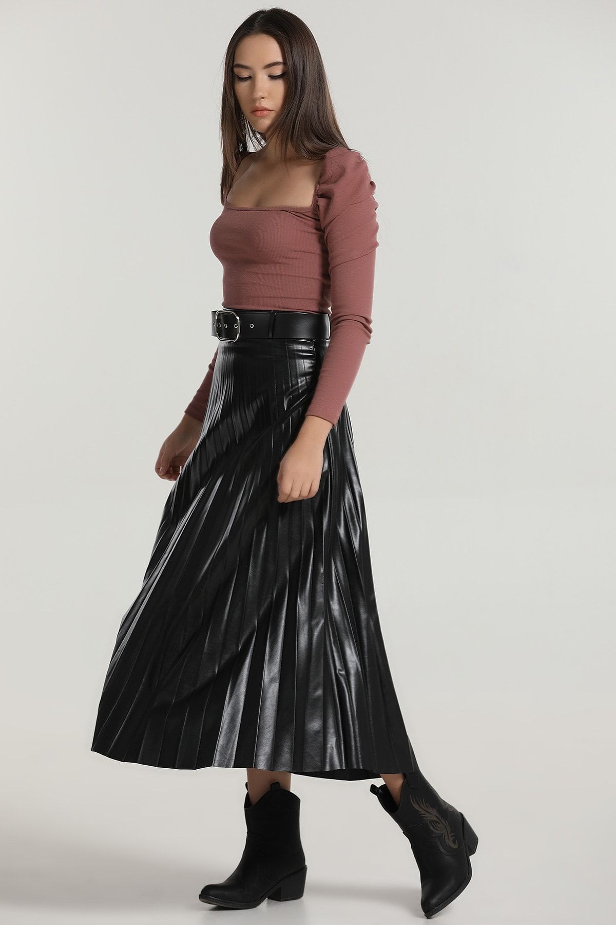 PUCKA FASHION Kemerli Deri Pliseli Etek