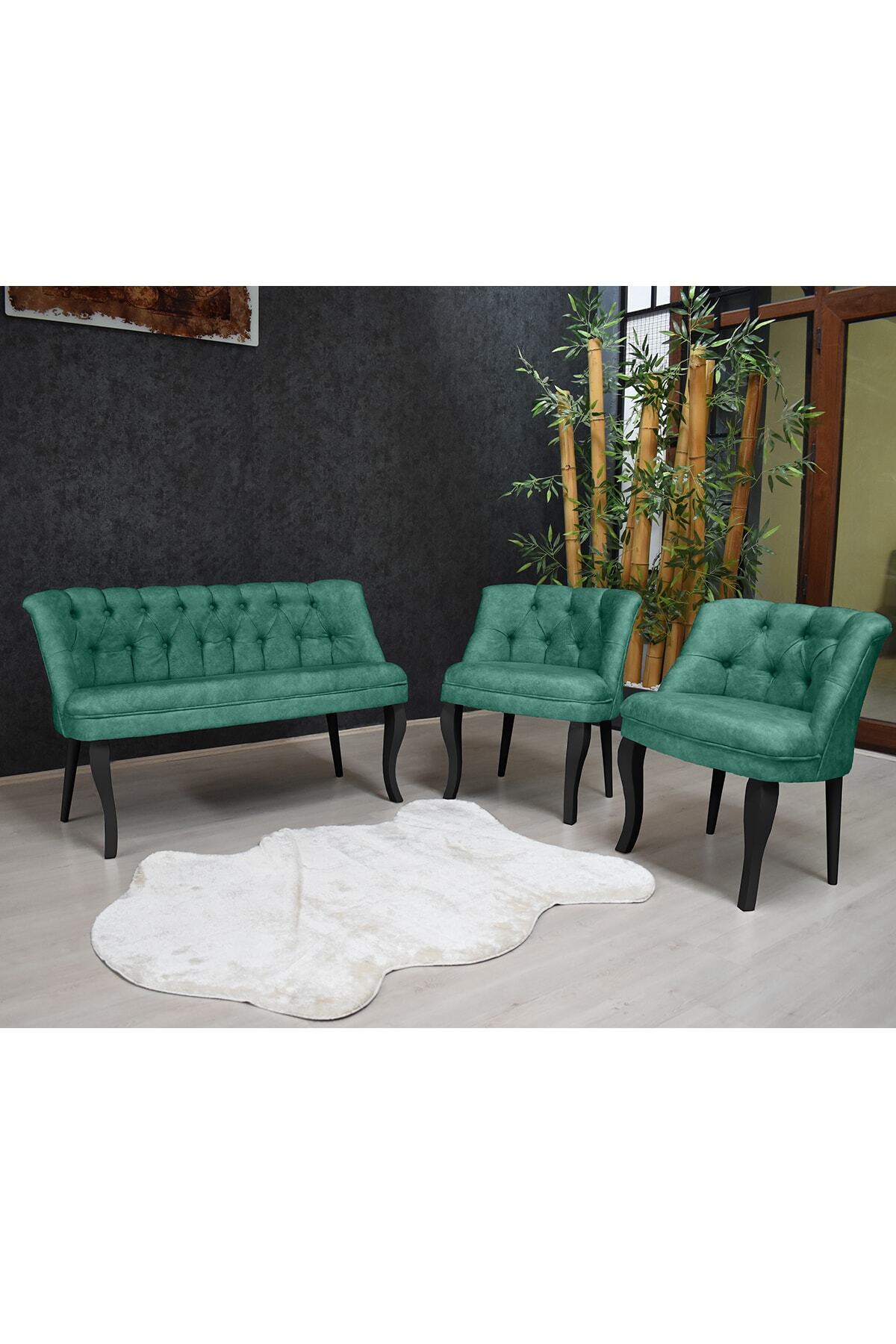 Olinpa Kolsuz Çay Seti 2+1+1 Balkon Ofis Cafe Bahçe Koltuk Takımı | Siyah Ahşap Ayak Su Yeşili