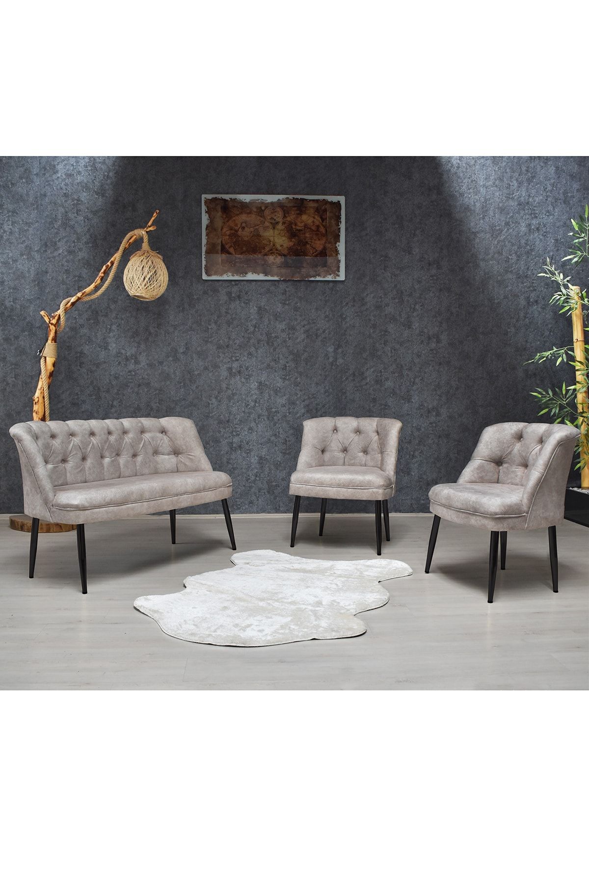 Olinpa Kolsuz Çay Seti 2+1+1 Balkon Ofis Cafe Bahçe Koltuk Takımı | Siyah Metal Ayak Krem