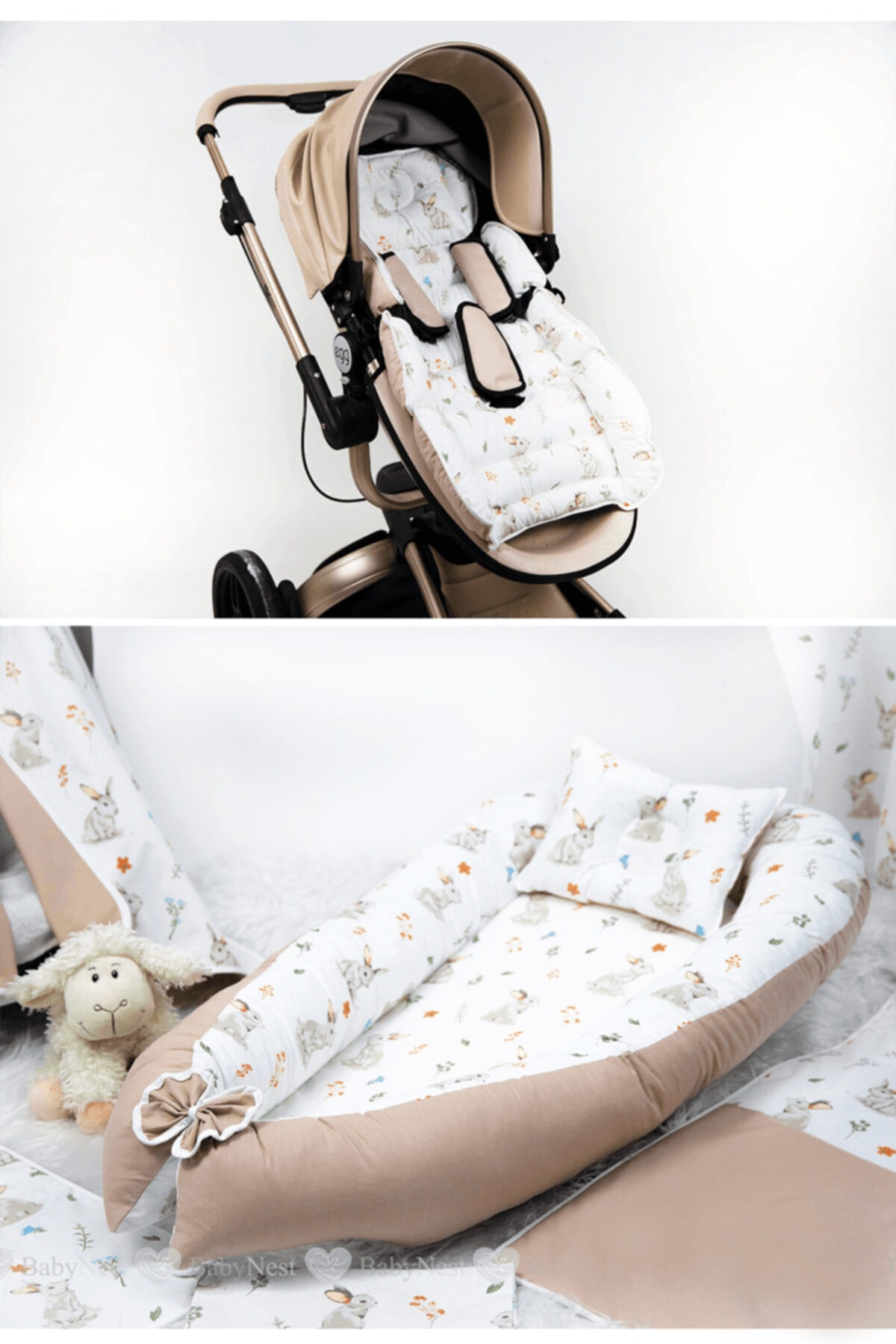Babynest Yatak + Ortopedik Yastık + Araba Minderi Tavşan Bej Üç Ürün Bir Arada
