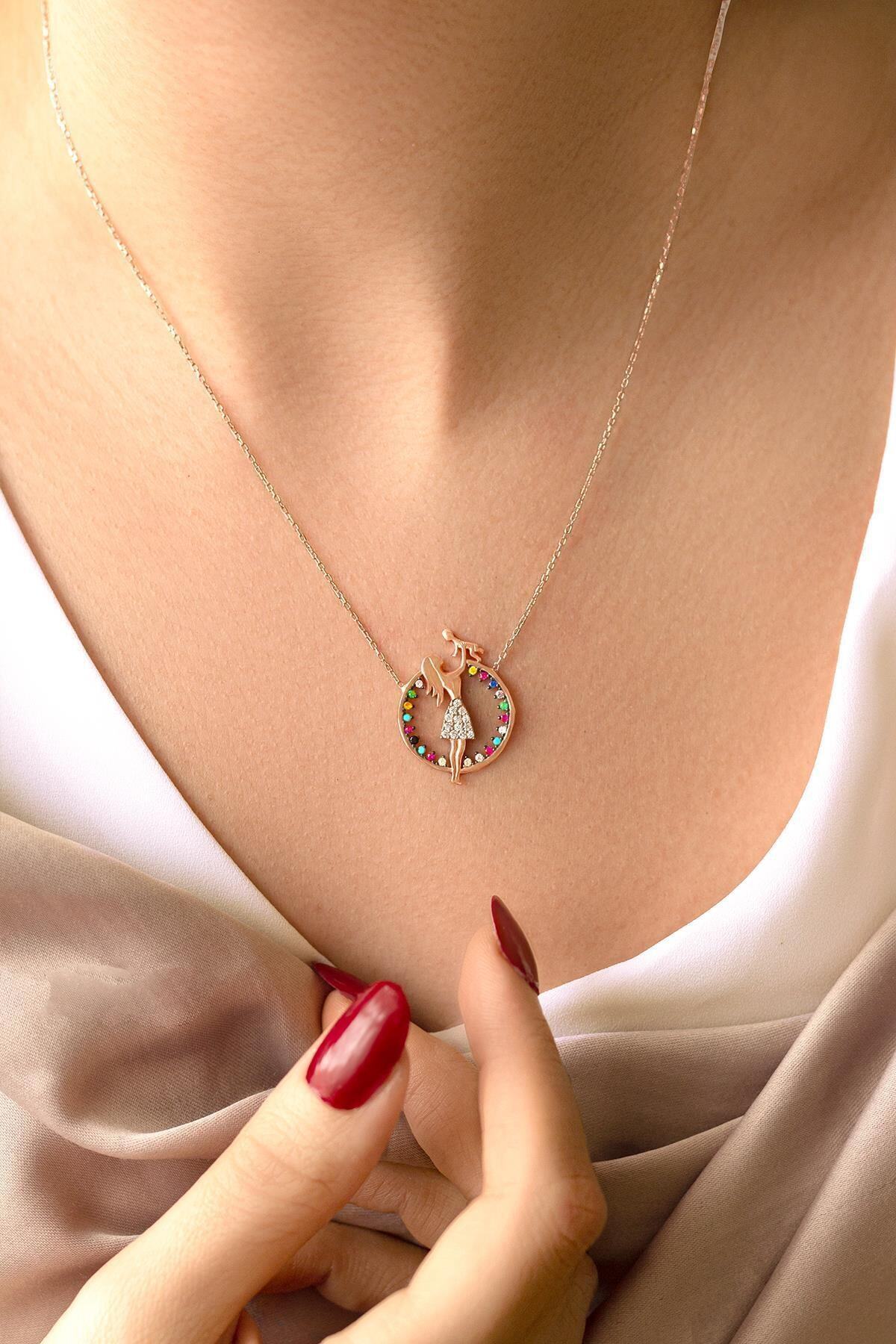BY BARUN SİLVER Renkli Taşlı Anne Bebek Gümüş Kolye Rose