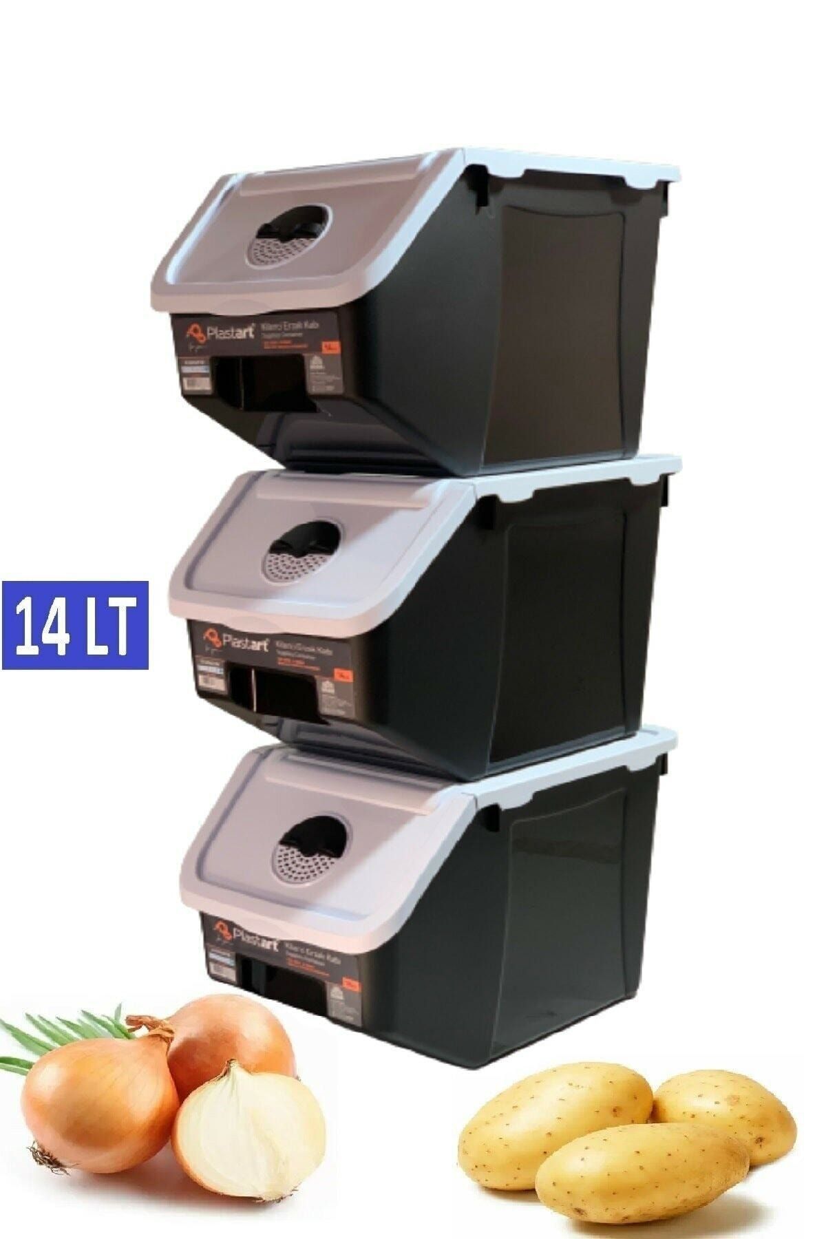 PlastArt 3 Adet Patates Soğan Erzak Kiler Saklama Kabı 14 Litre Kilerkabı (BEYAZ KAPAKLI)