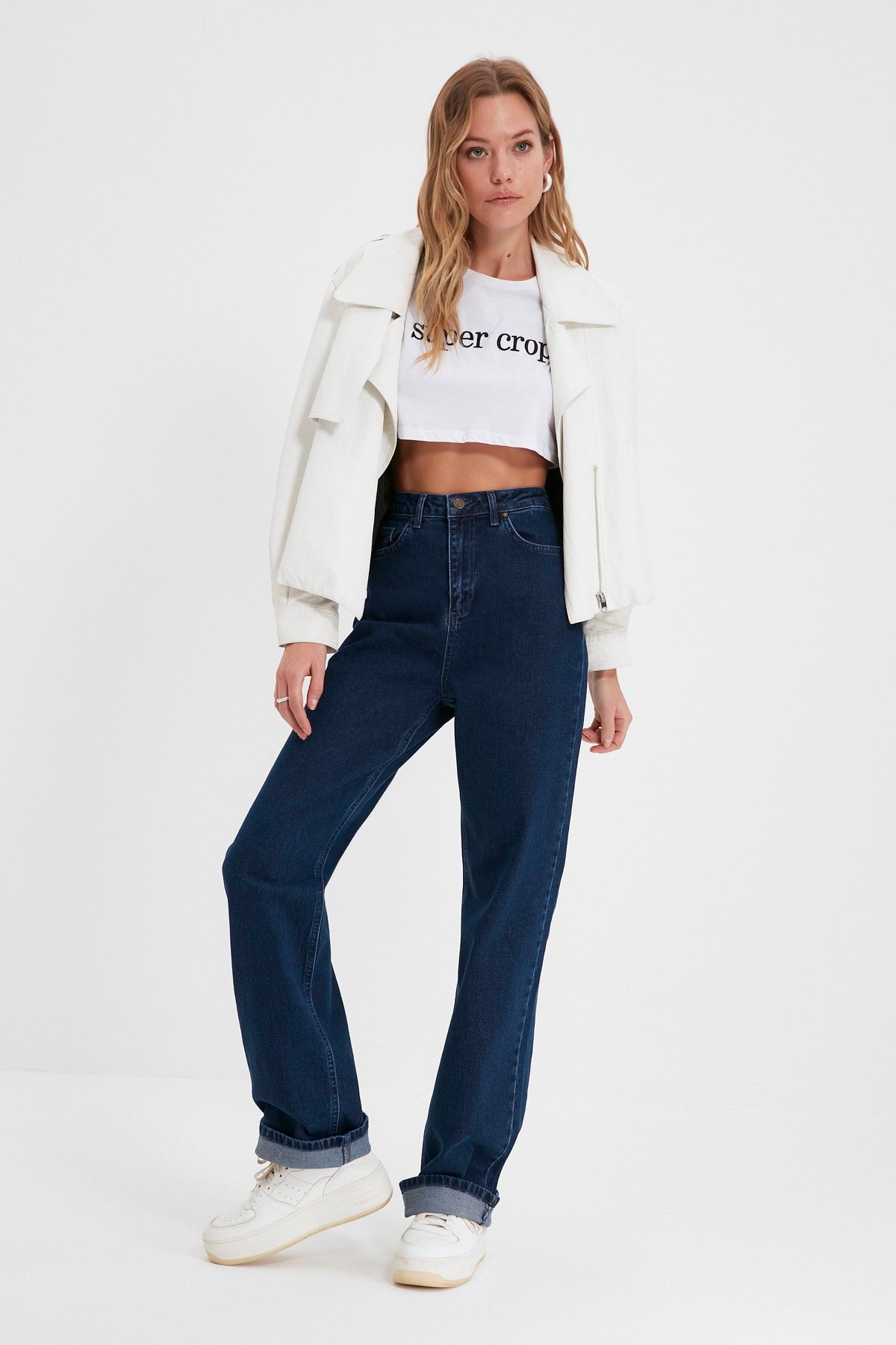 TRENDYOLMİLLA Lacivert Paçası Katlama Detaylı Yüksek Bel 90's Wide Leg Jeans TWOAW22JE1164