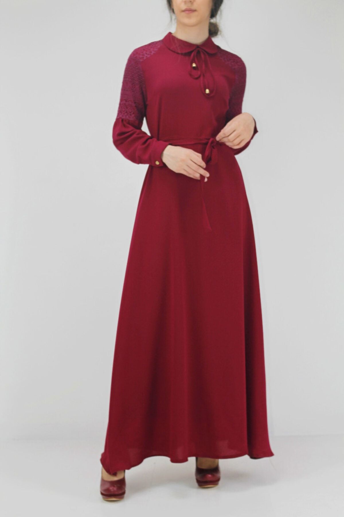 Moda Mistik Uzun Tesettür Elbise Bebe Yaka Bordo 3925mstk