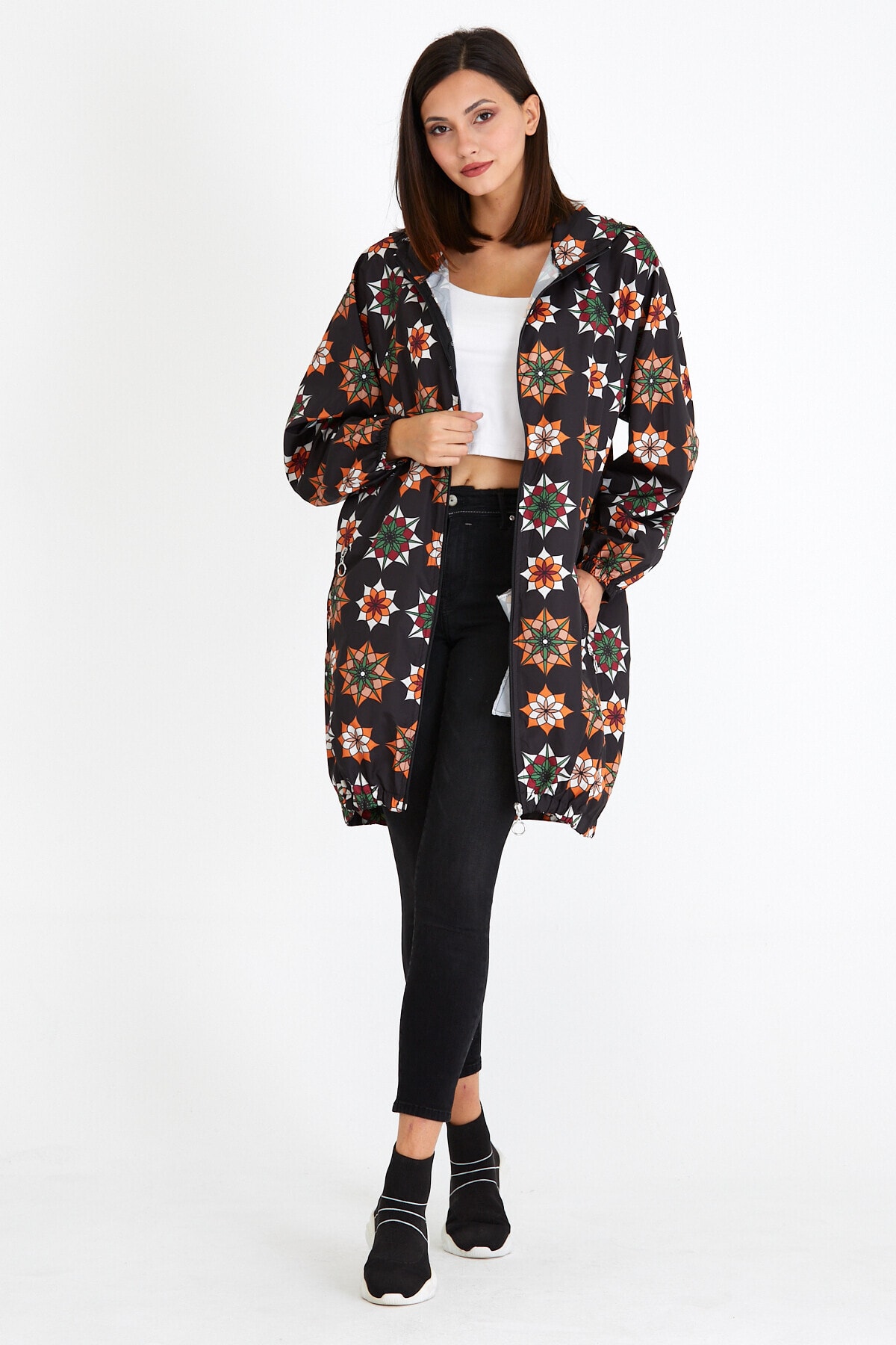 BRKMODA Desenli, Cepli, Sırt Fermuar Detaylı,kapüşonlu Rüzgarlık