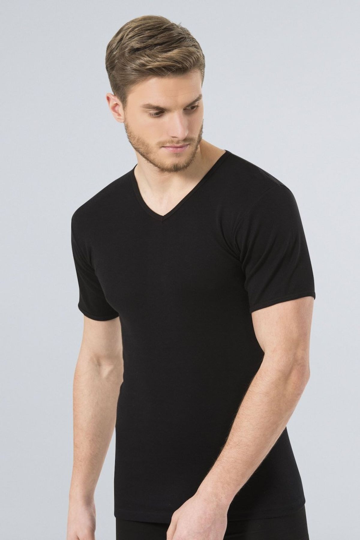 TÜREN 156 Siyah 2'li Erkek Ribana V Yaka Fanila