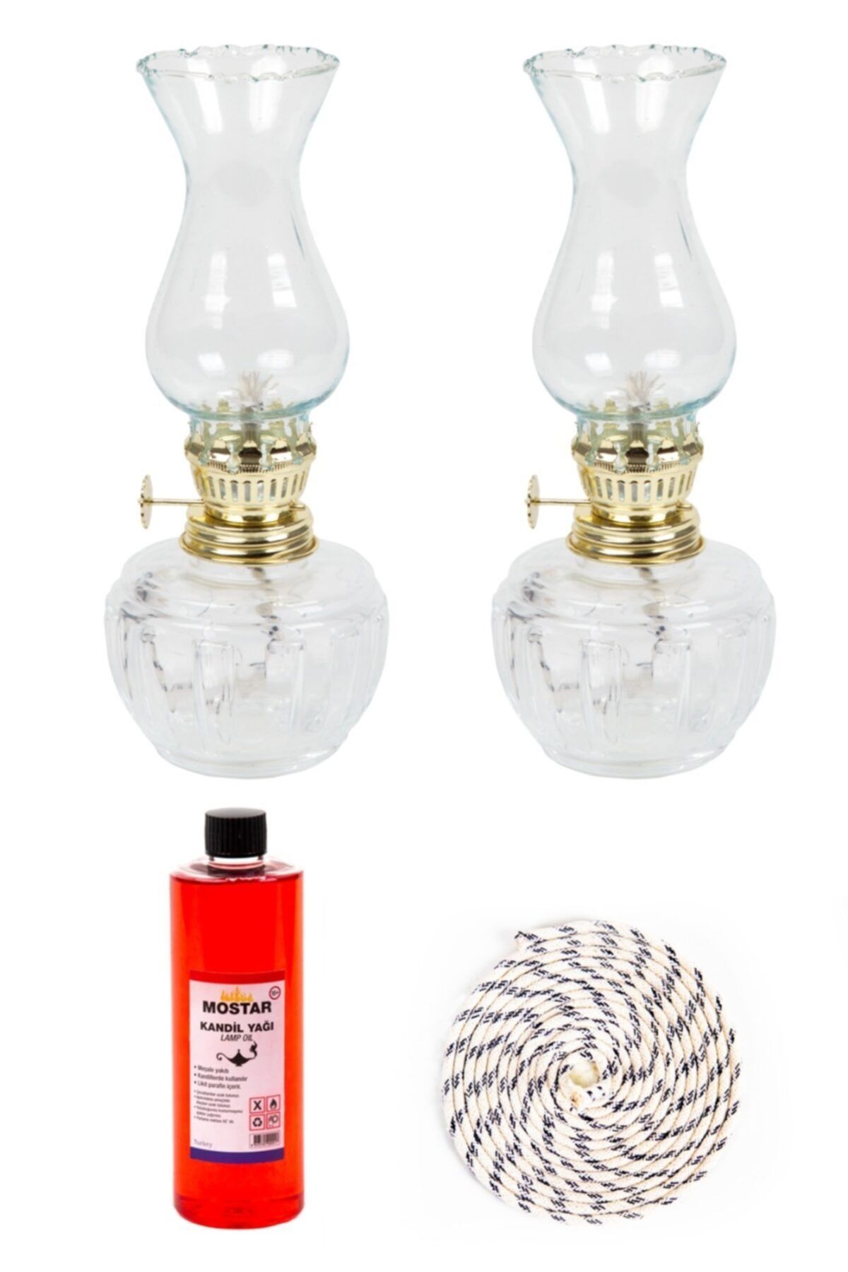 ŞEHRİMOSTARKIRK1 Gaz Lambası Küçük 2 Li Set Şeffaf+kandil Yağ 400 Ml+1 Mt Fitil