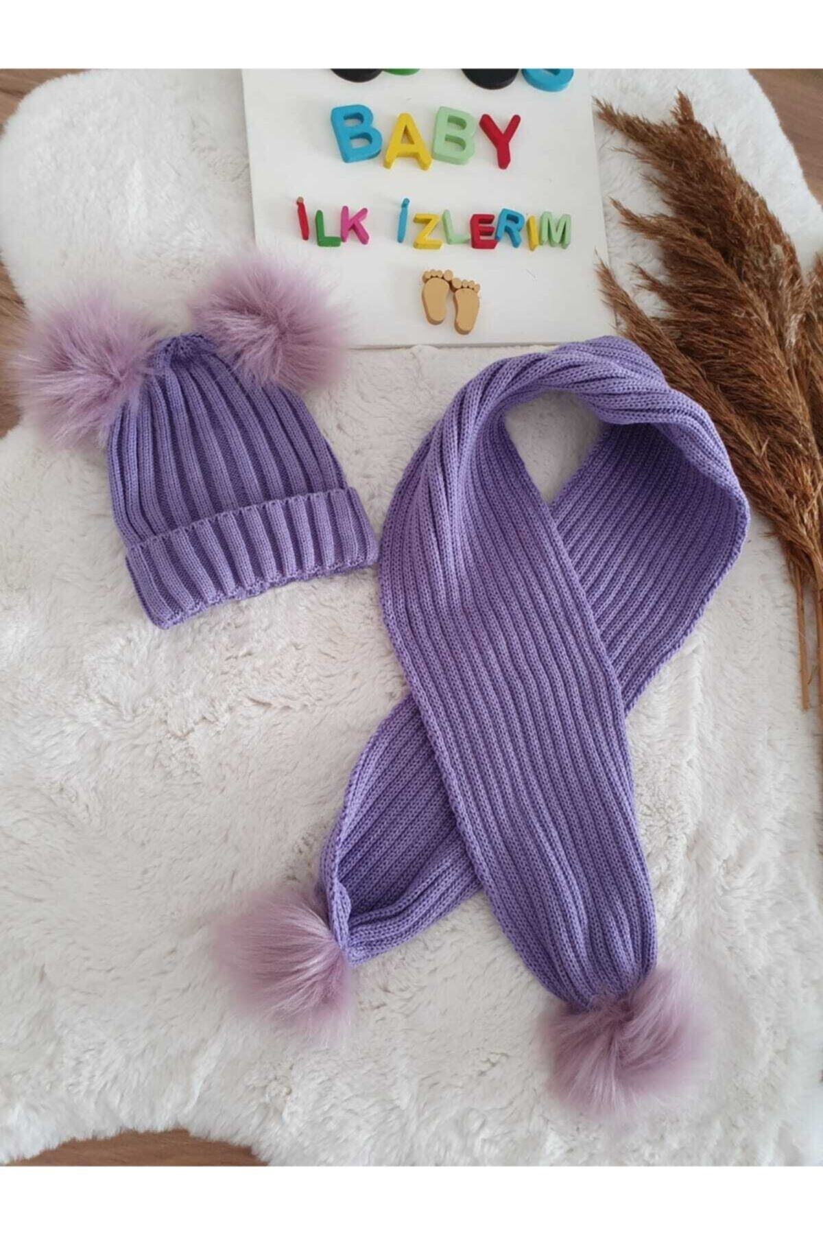 VOSVOSBABY Lila Ponpon Atkı Bere Takım