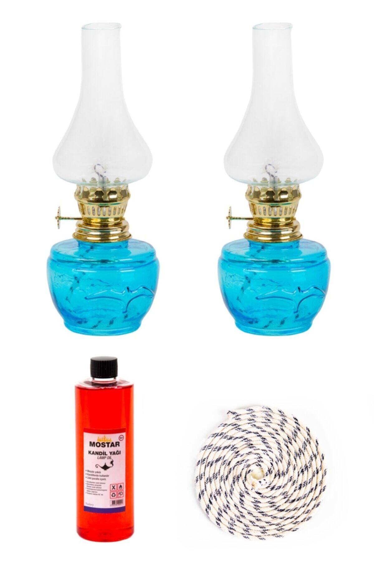 ŞEHRİMOSTARKIRK1 Gaz Lambası 2 Li Küçük Set Mavi-400 Ml Kokusuz Kandil Yağ-1 Metre Fitil