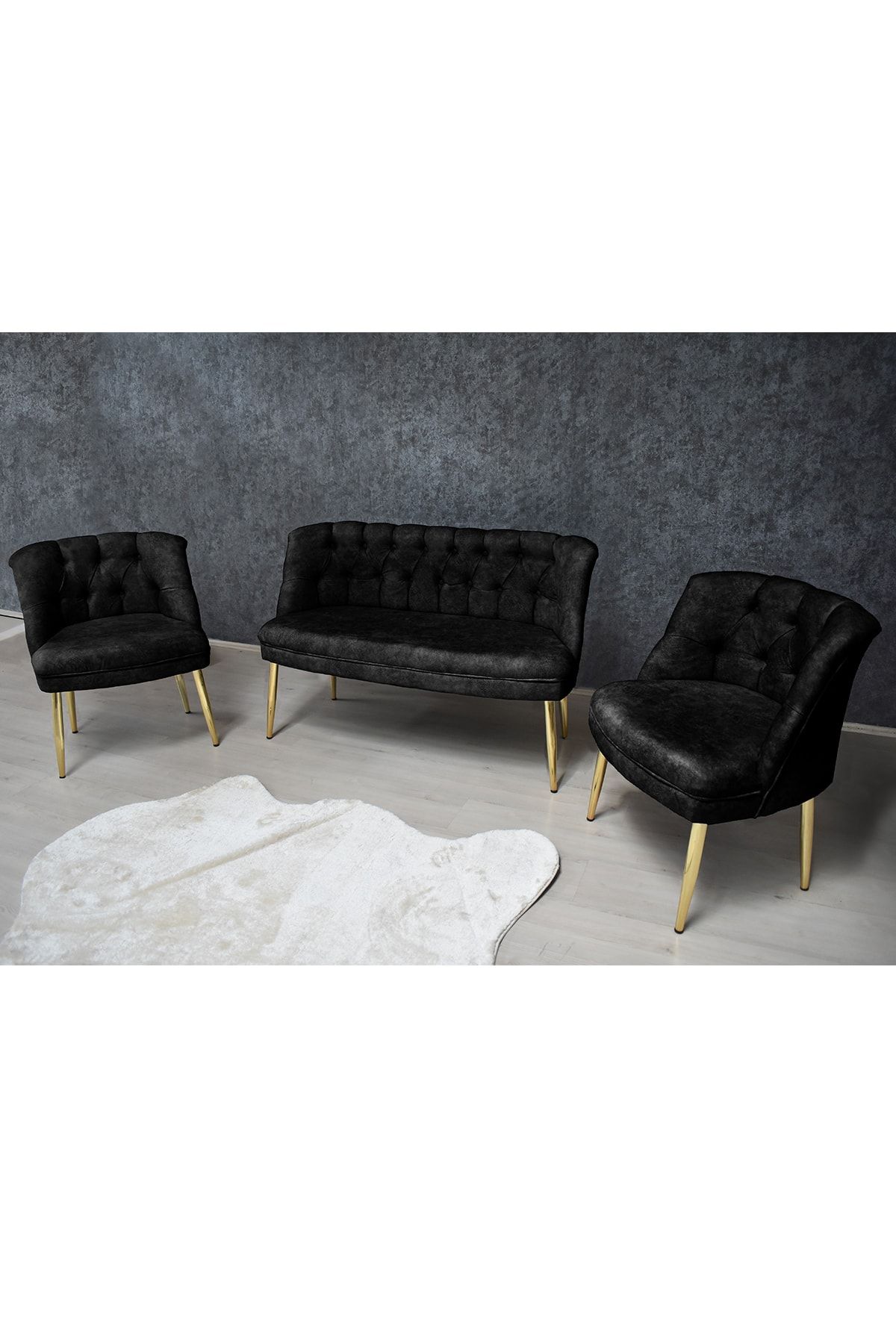 VIANEM Kolsuz Çay Seti 2+1+1 Balkon Ofis Cafe Bahçe Koltuk Takımı | Gold Metal Ayak Siyah