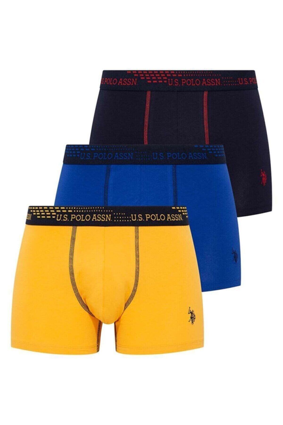 U.S. Polo Assn. Erkek 3 Lü Boxer Saks - Lacivert - Sarı Us.01.80178