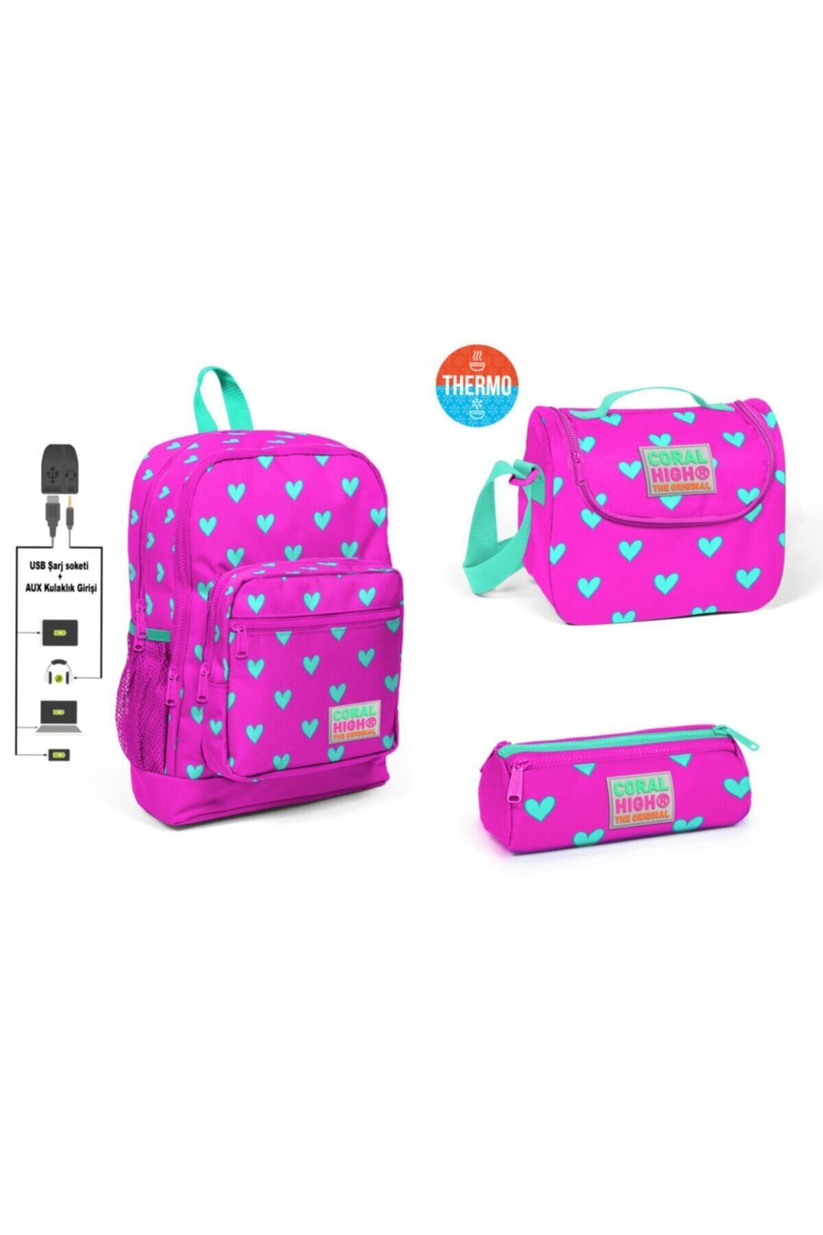 Coral High Coral Hıgh Kıds Kalp Desenli Dört Bölmeli Usb Şarjlı Kulaklık Çıkışlı Okul Sırt Çantası 3’lü Set