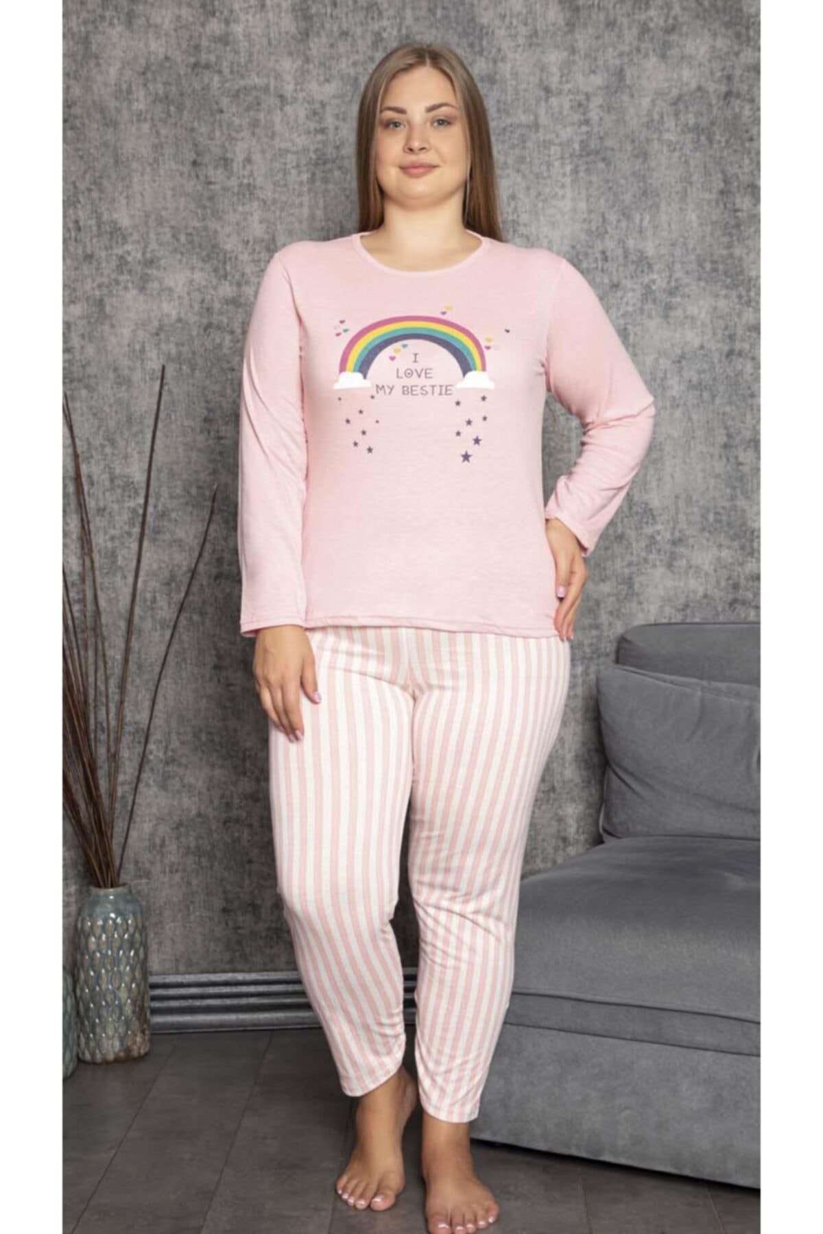 Siyezen Büyük Beden Gökkuşağı Baskılı Pamuklu Yavruağzı Pijama Takımı