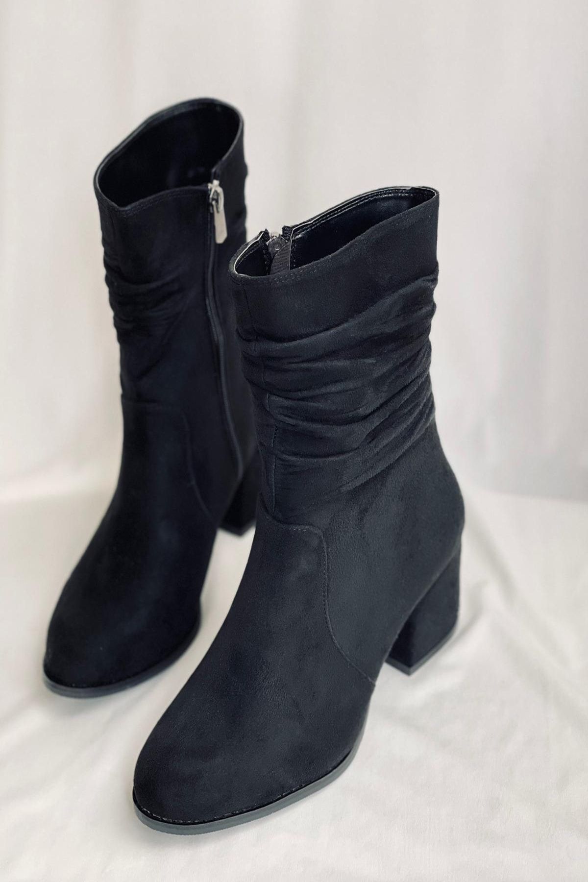Mida Shoes Siyah Süet Fermuarlı Kadın Bot