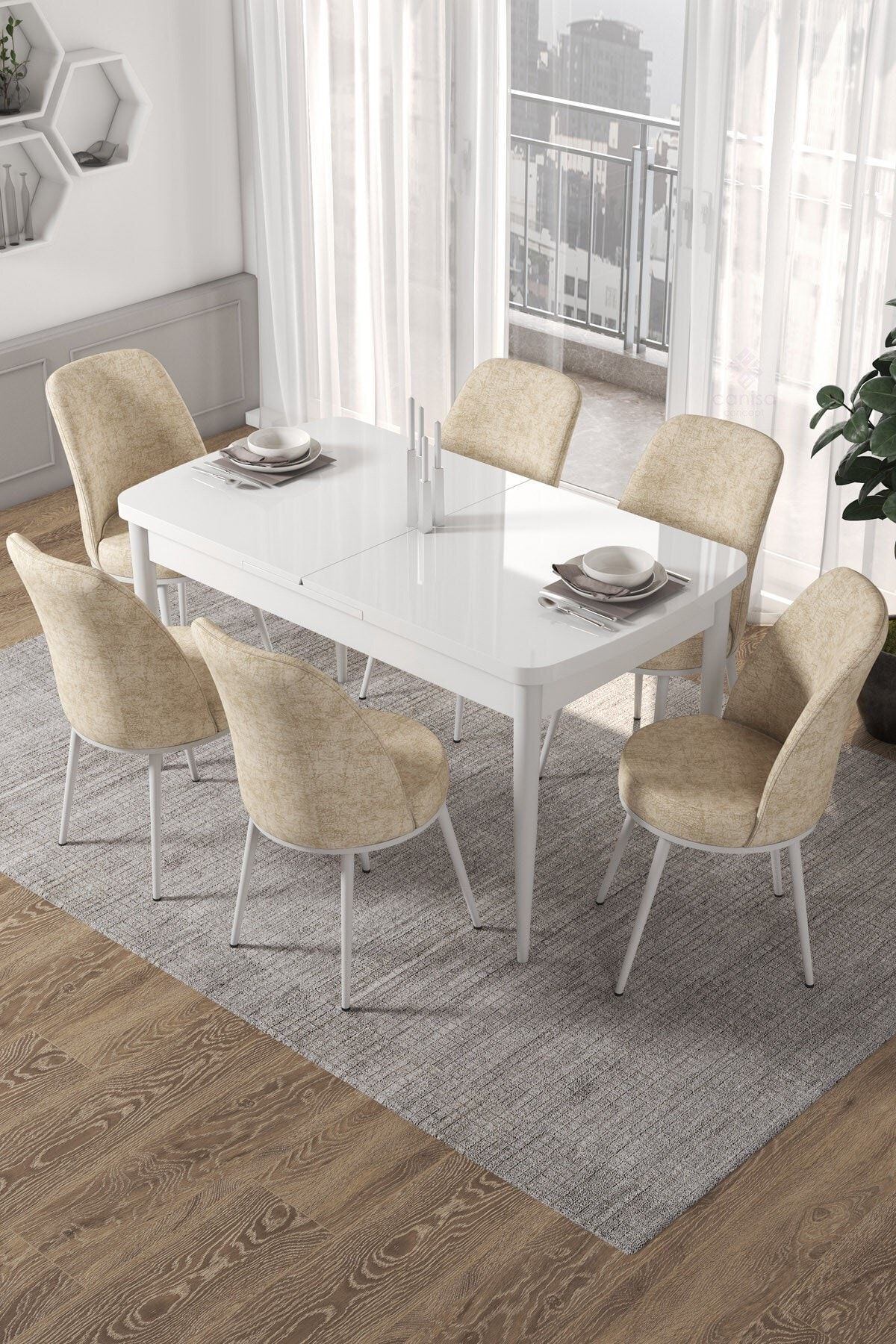 Canisa Concept Kor Serisi 70x114 Açılabilir Beyaz Mutfak Masası Takımı-6 Adet Krem Sandalye