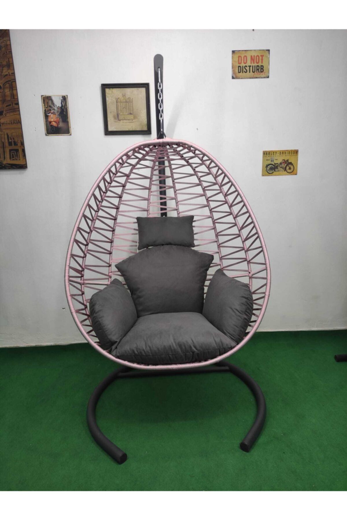 Bahçe İnegöl 150 Kg Kapasiteli Pembe-gri Makrome Tek Kişilik Bahçe Salıncak