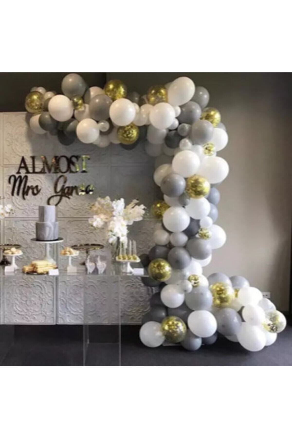 HTS STORE Pastel Gri Beyaz Şeffaf Gold Konfetili Balon Zincir Seti