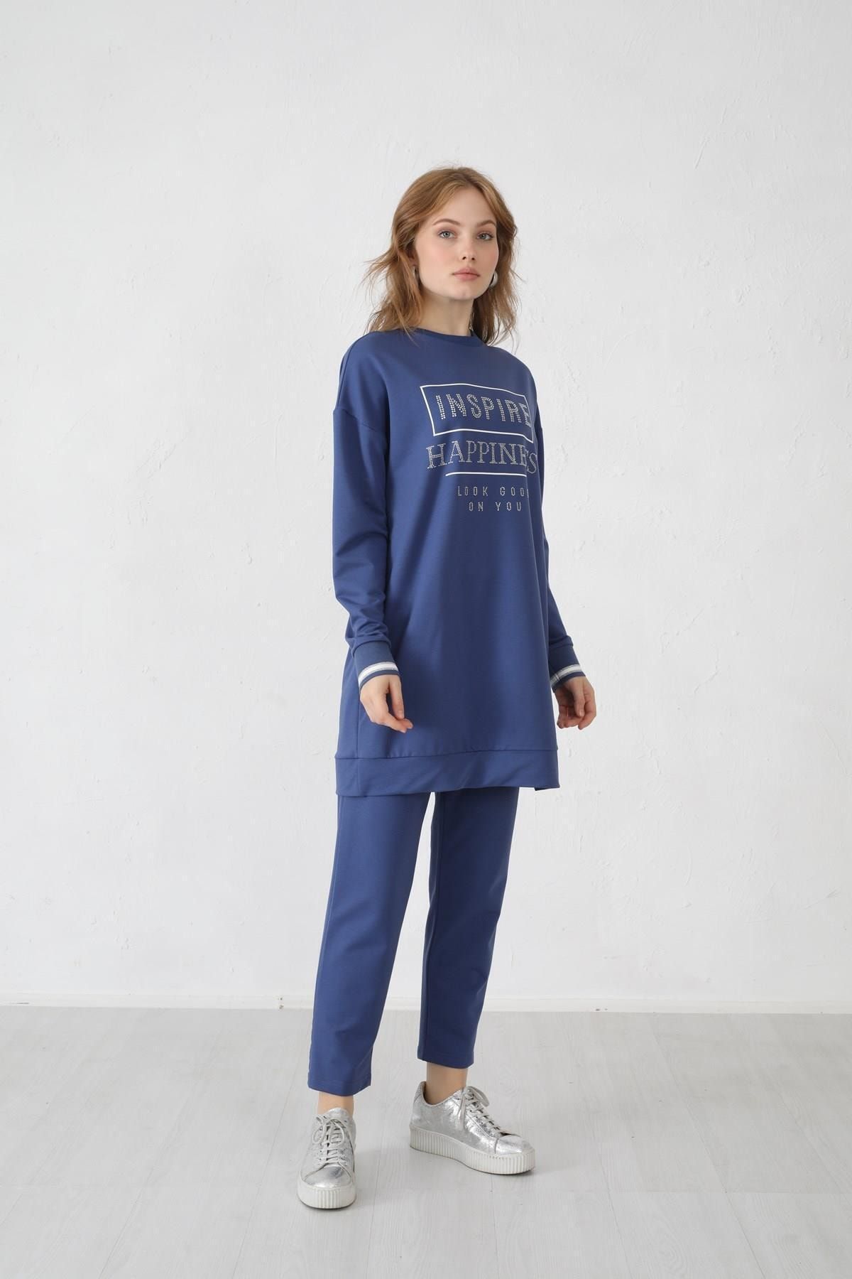 Moodbasic Yazılı Taşlı Eşofman Takım Indigo